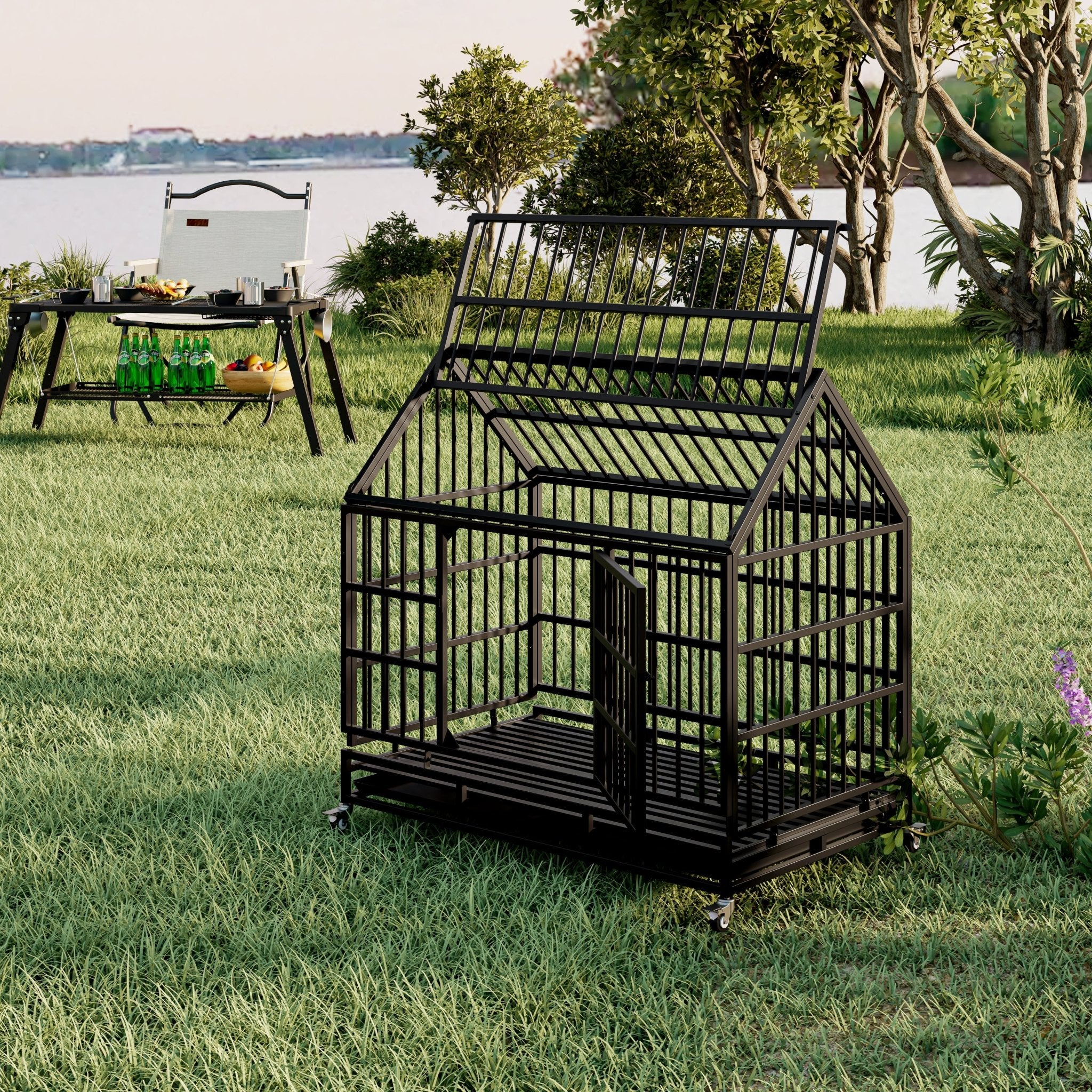 Folding metal large dog cage, crate and wheels - KiKiUMi