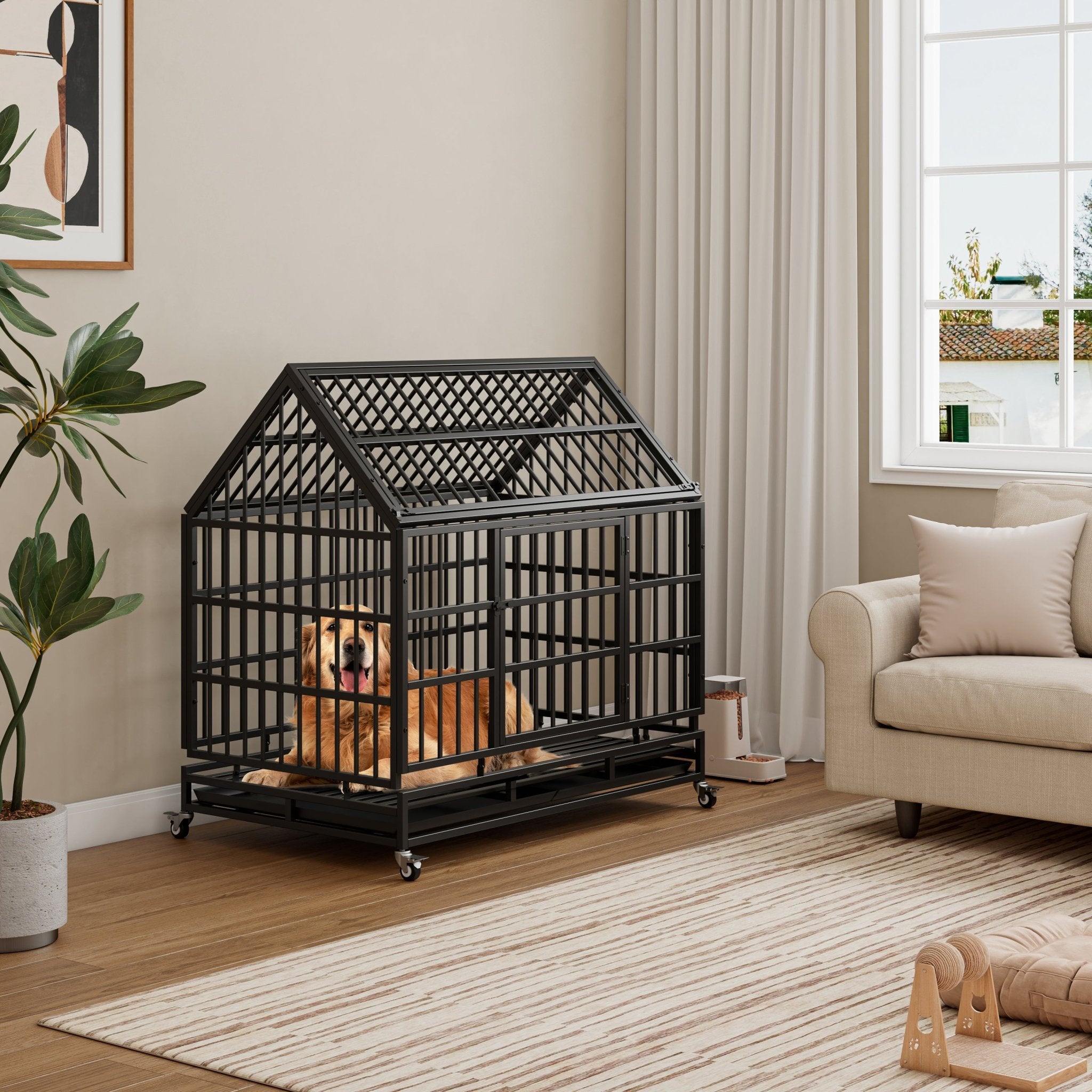 Folding metal large dog cage, crate and wheels - KiKiUMi
