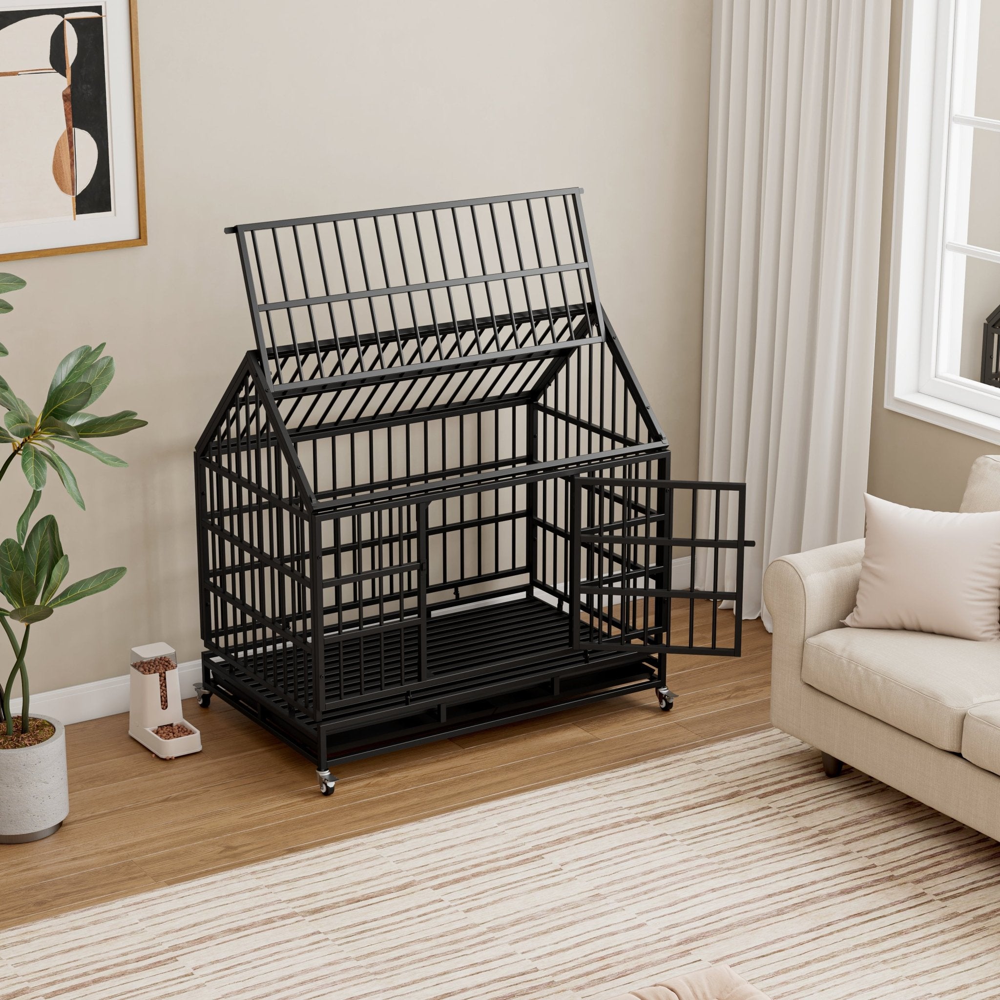 Folding metal large dog cage, crate and wheels - KiKiUMi
