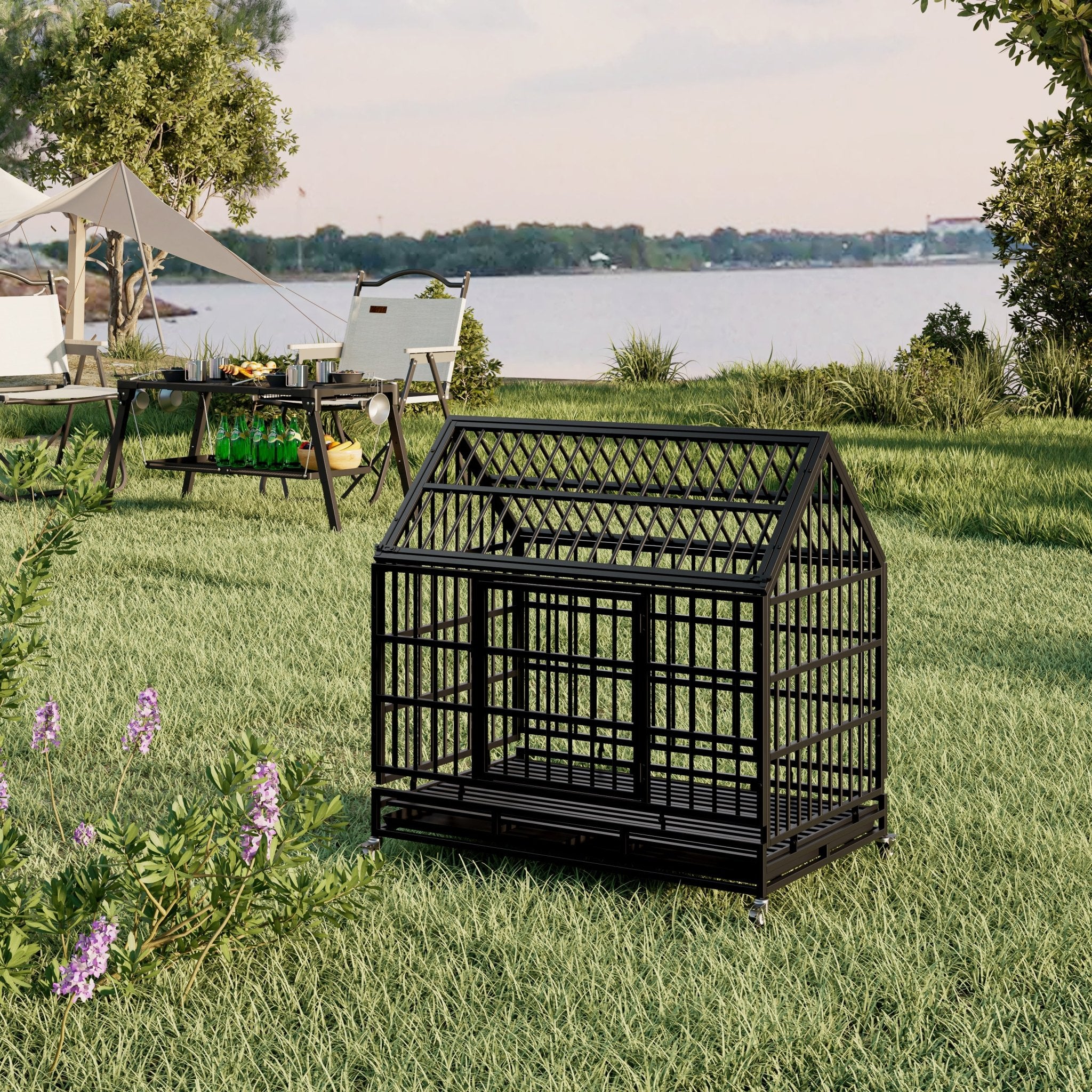 Folding metal large dog cage, crate and wheels - KiKiUMi