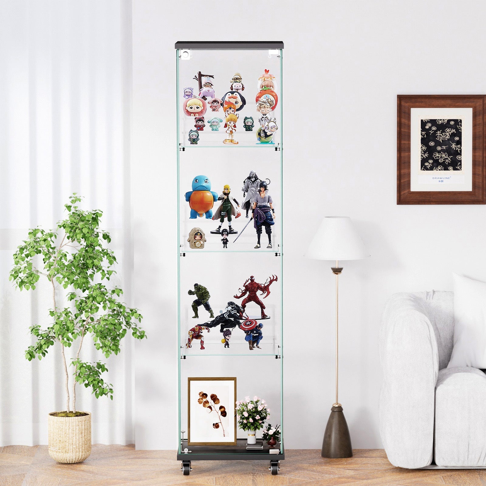 Four - layer double - door glass display cabinet（black）15.8'L x 14.2'W x 65.1'H - KiKiUMi