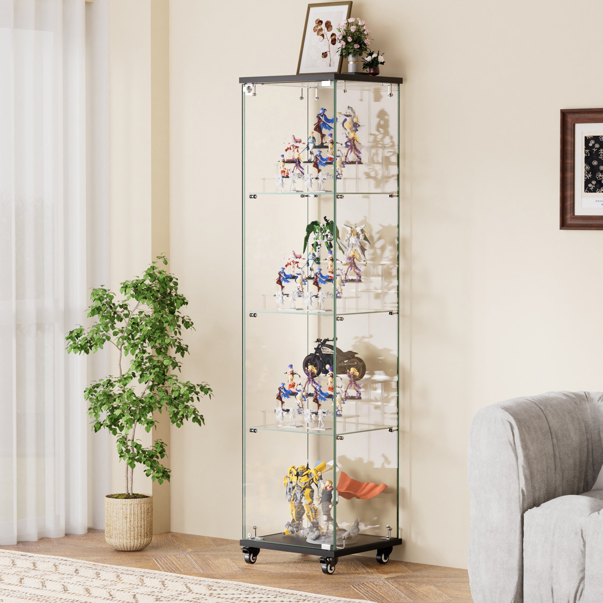 Four - layer double - door glass display cabinet（black）15.8'L x 14.2'W x 65.1'H - KiKiUMi