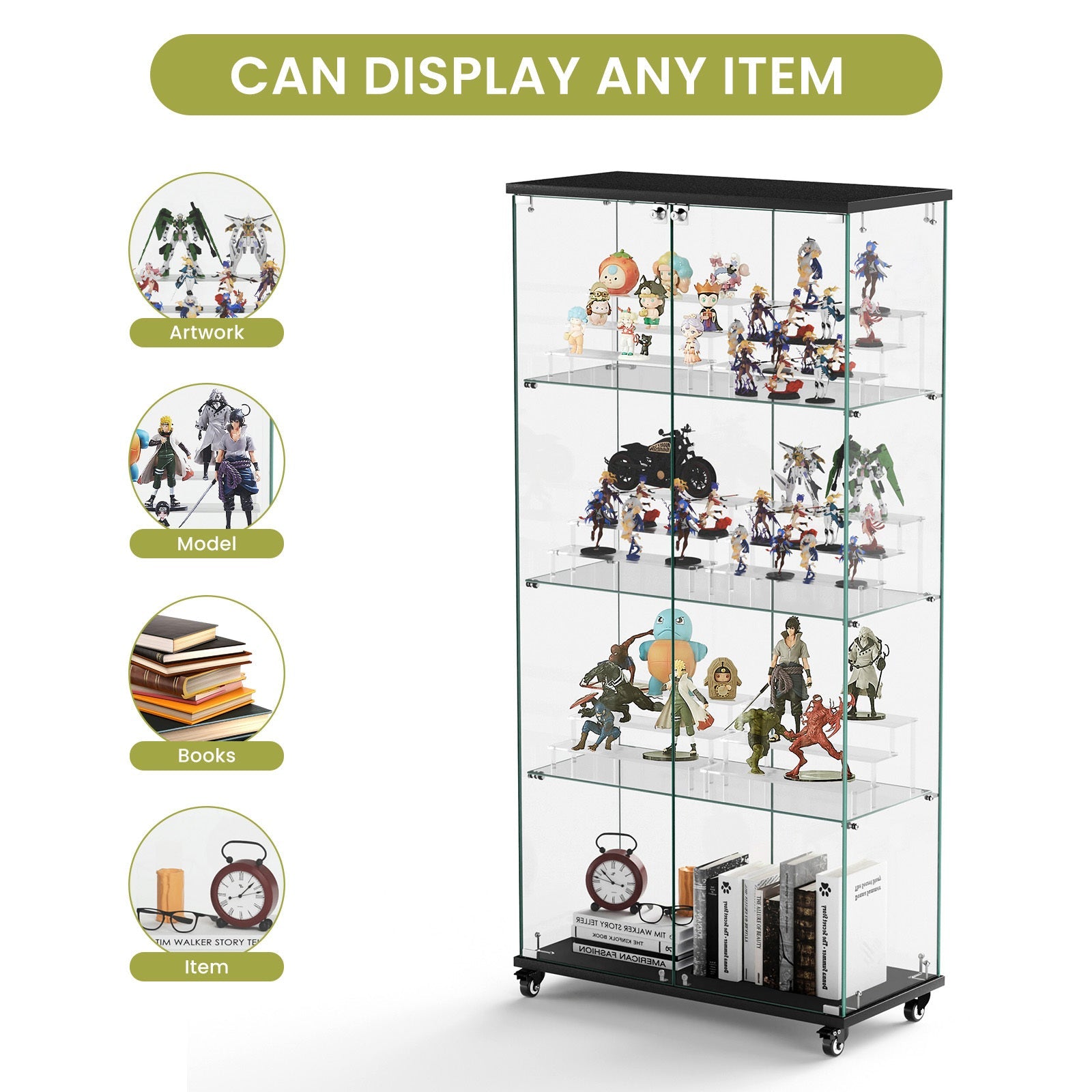 Four - layer double - door glass display cabinet（black）31.5'L x 14.2'W x 65.1'H - KiKiUMi