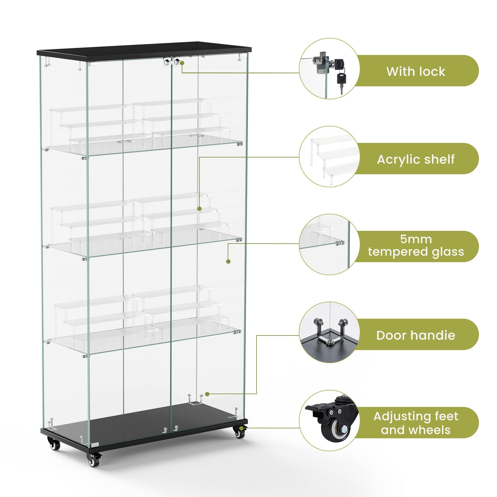 Four - layer double - door glass display cabinet（black）31.5'L x 14.2'W x 65.1'H - KiKiUMi