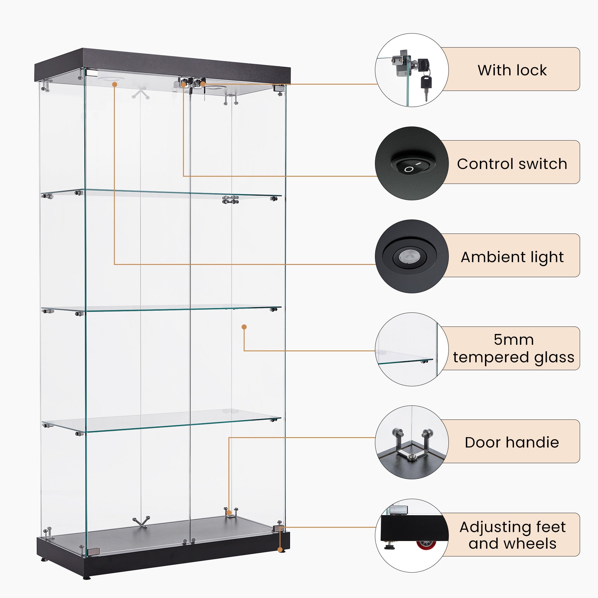 Four - layer double - door glass display cabinet（black）31.5'L x 14.2'W x 66.3'H - KiKiUMi