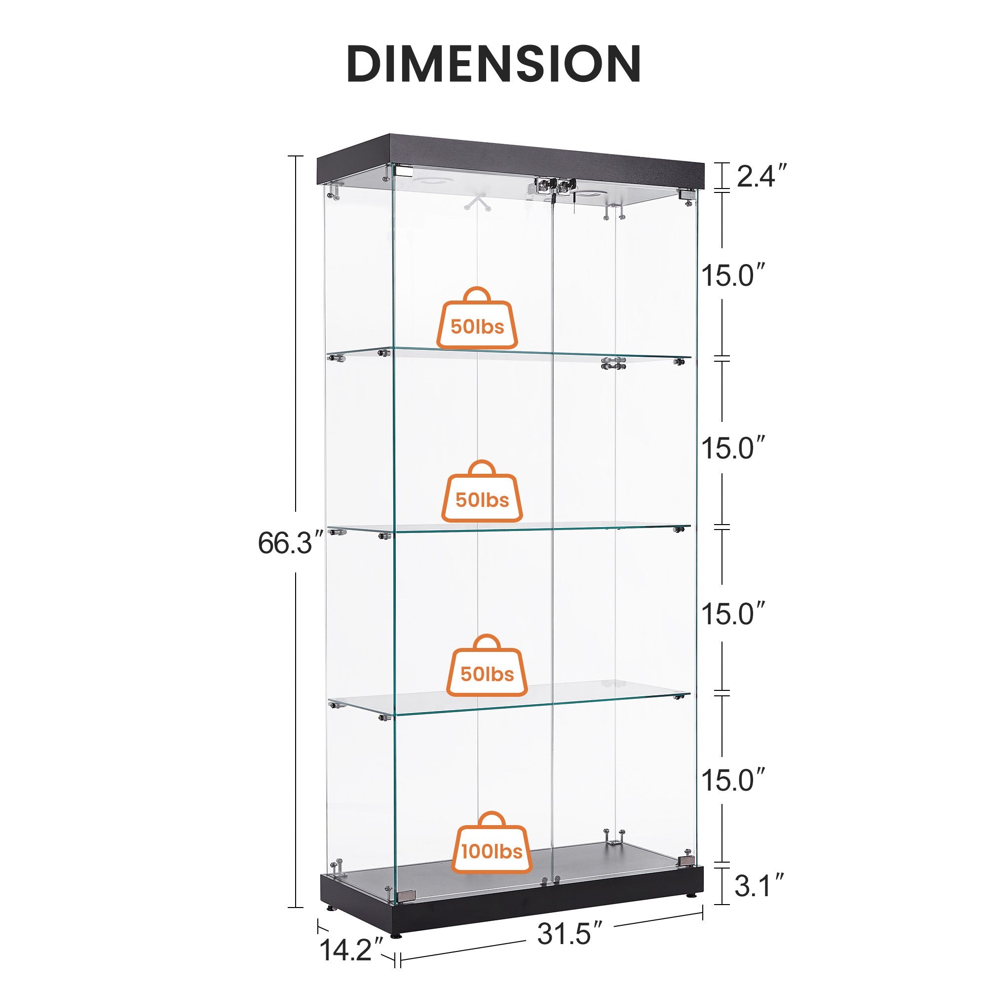 Four - layer double - door glass display cabinet（black）31.5'L x 14.2'W x 66.3'H - KiKiUMi