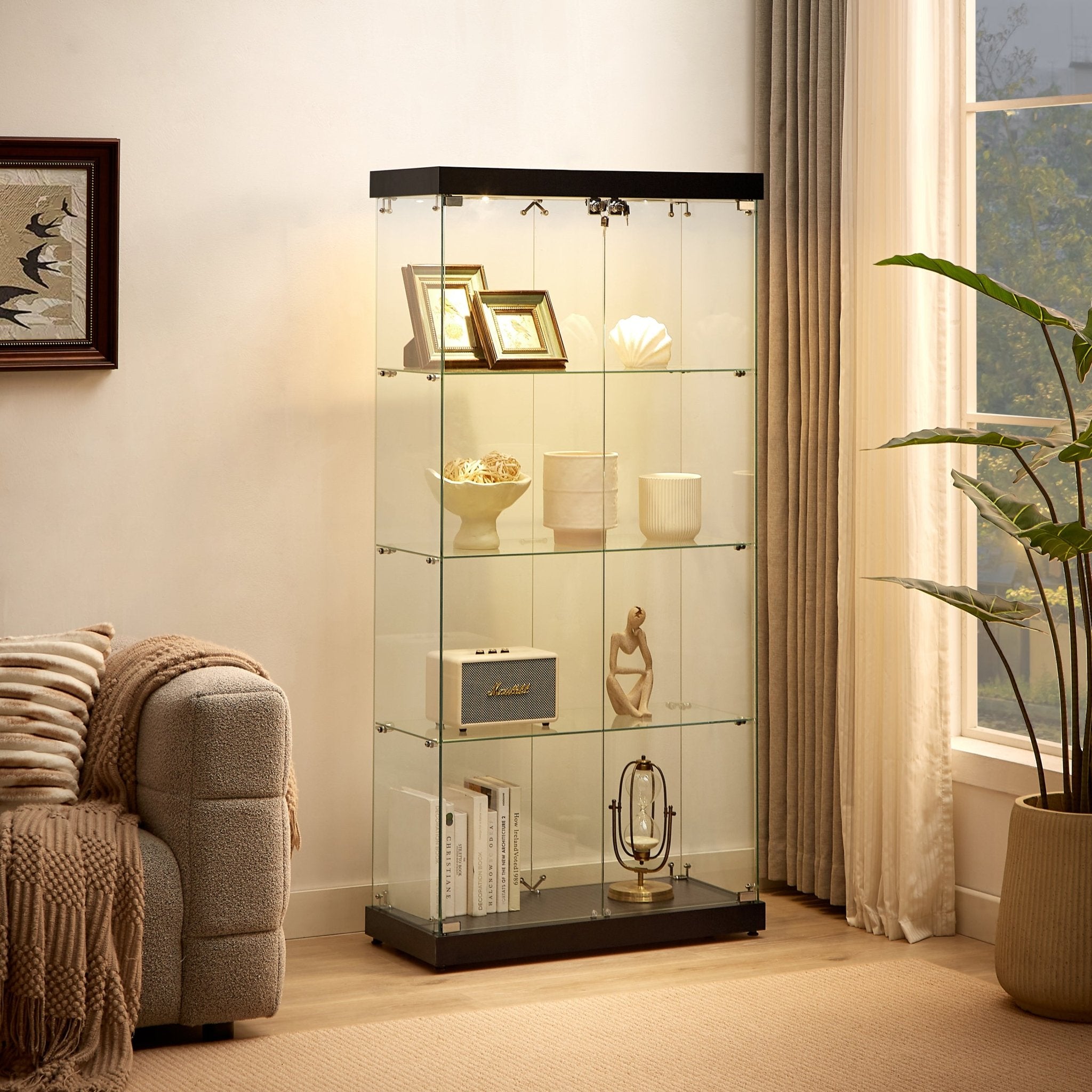 Four - layer double - door glass display cabinet（black）31.5'L x 14.2'W x 66.3'H - KiKiUMi