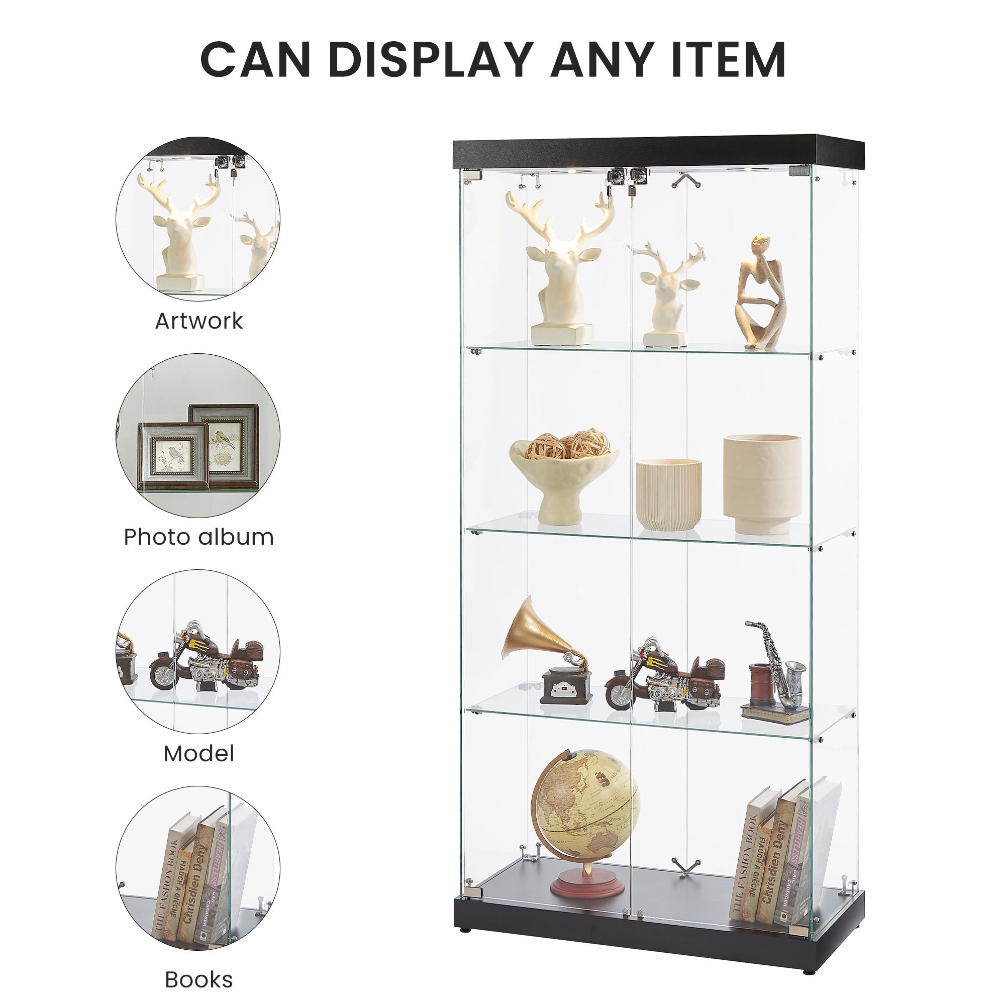 Four - layer double - door glass display cabinet（black）31.5'L x 14.2'W x 66.3'H - KiKiUMi