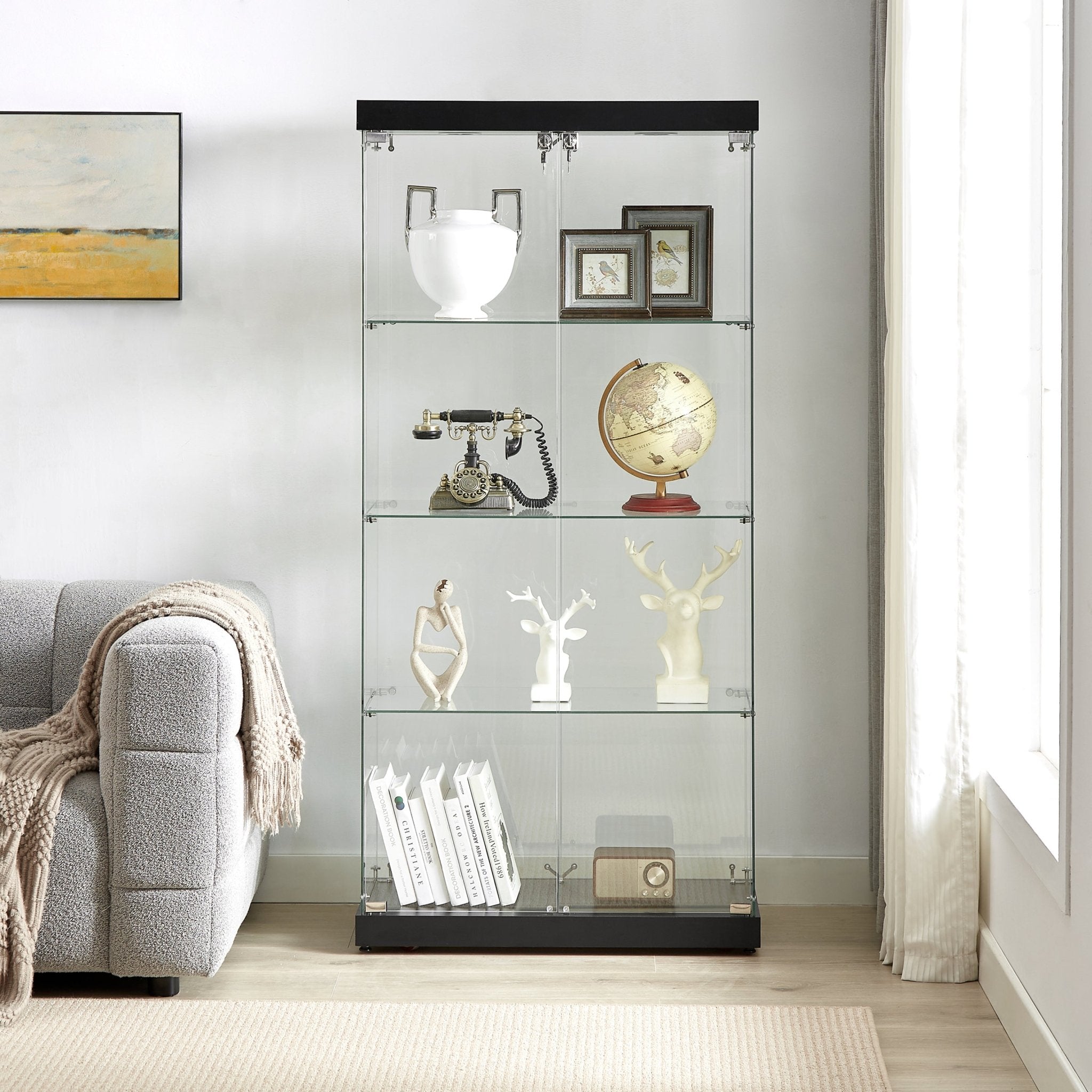 Four - layer double - door glass display cabinet（black）31.5'L x 14.2'W x 66.3'H - KiKiUMi
