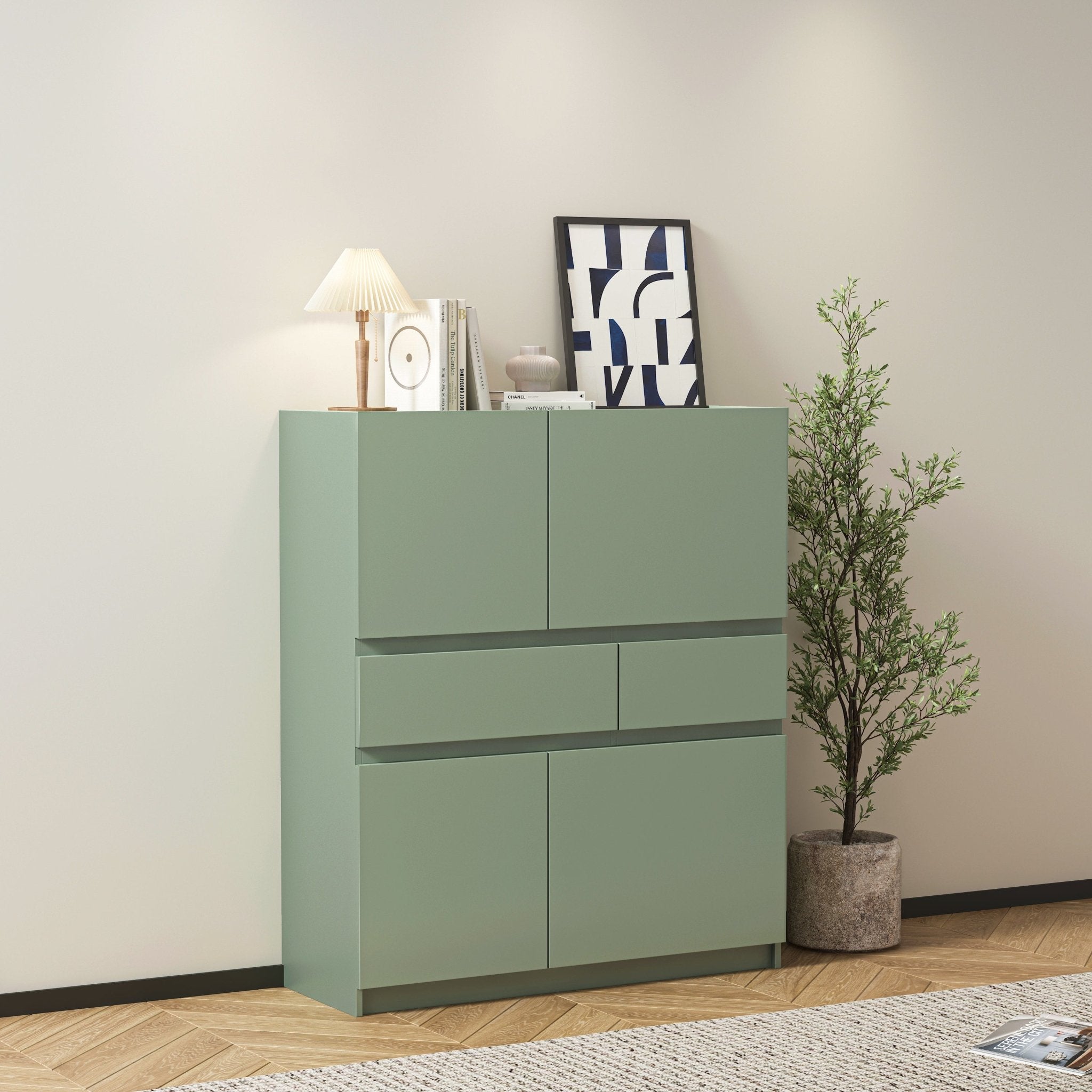 Green wooden storage cabinet with 4 doors and 2 drawers - KiKiUMi