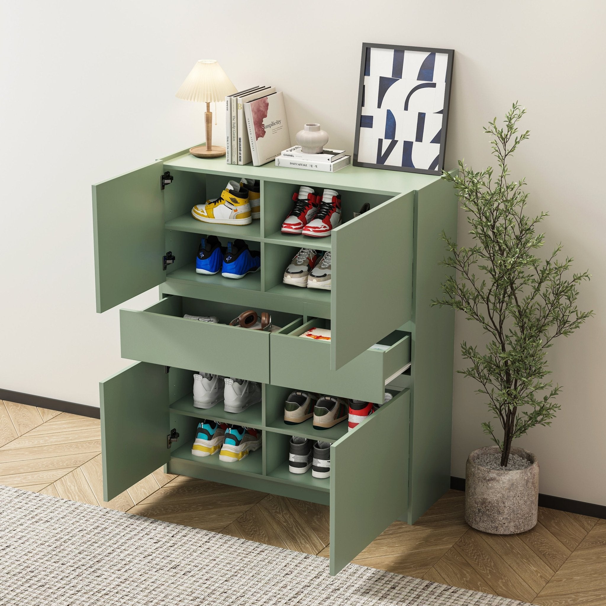 Green wooden storage cabinet with 4 doors and 2 drawers - KiKiUMi
