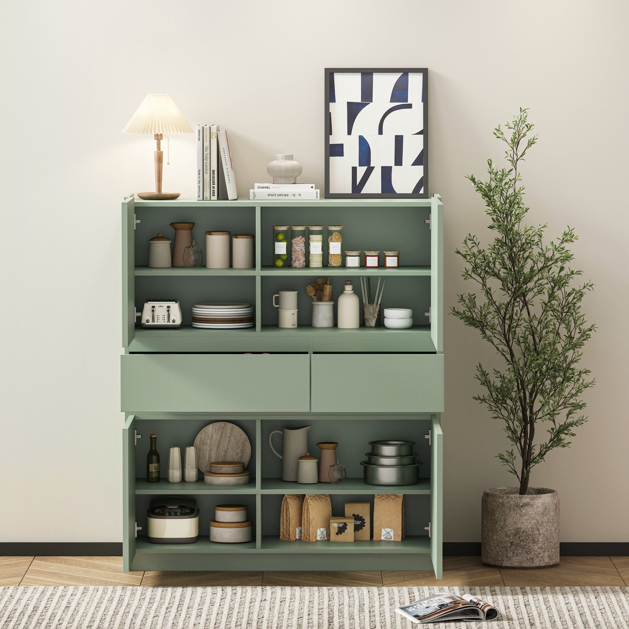 Green wooden storage cabinet with 4 doors and 2 drawers - KiKiUMi