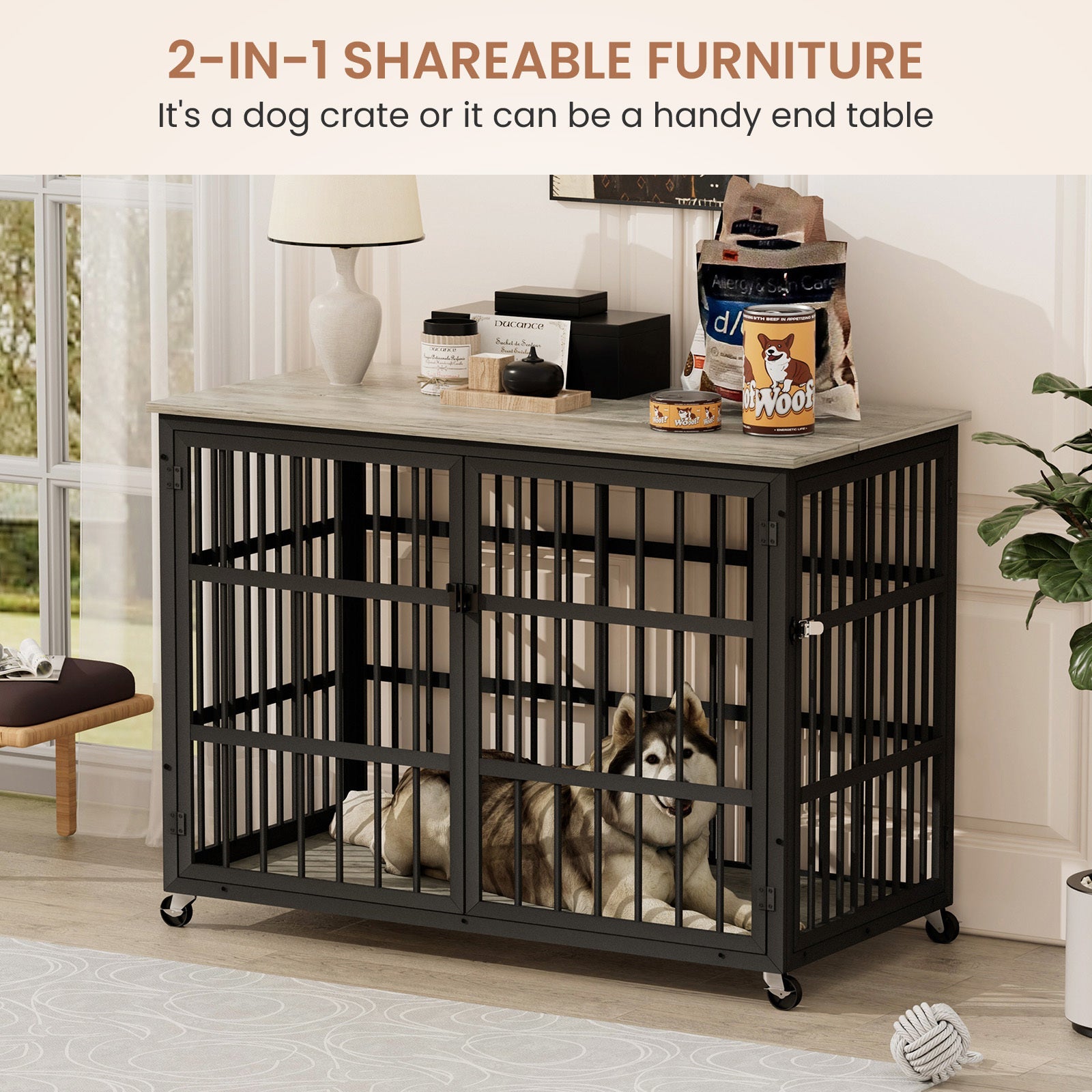 Grey furniture - style dog box with side openings - KiKiUMi
