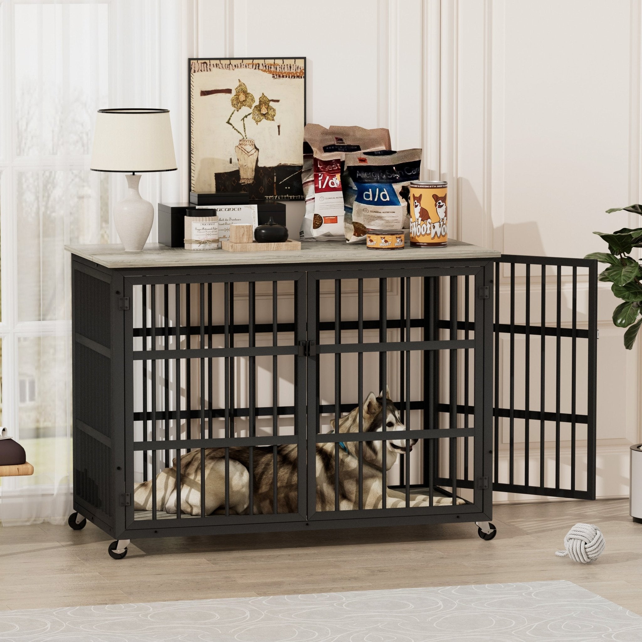 Grey furniture - style dog box with side openings - KiKiUMi