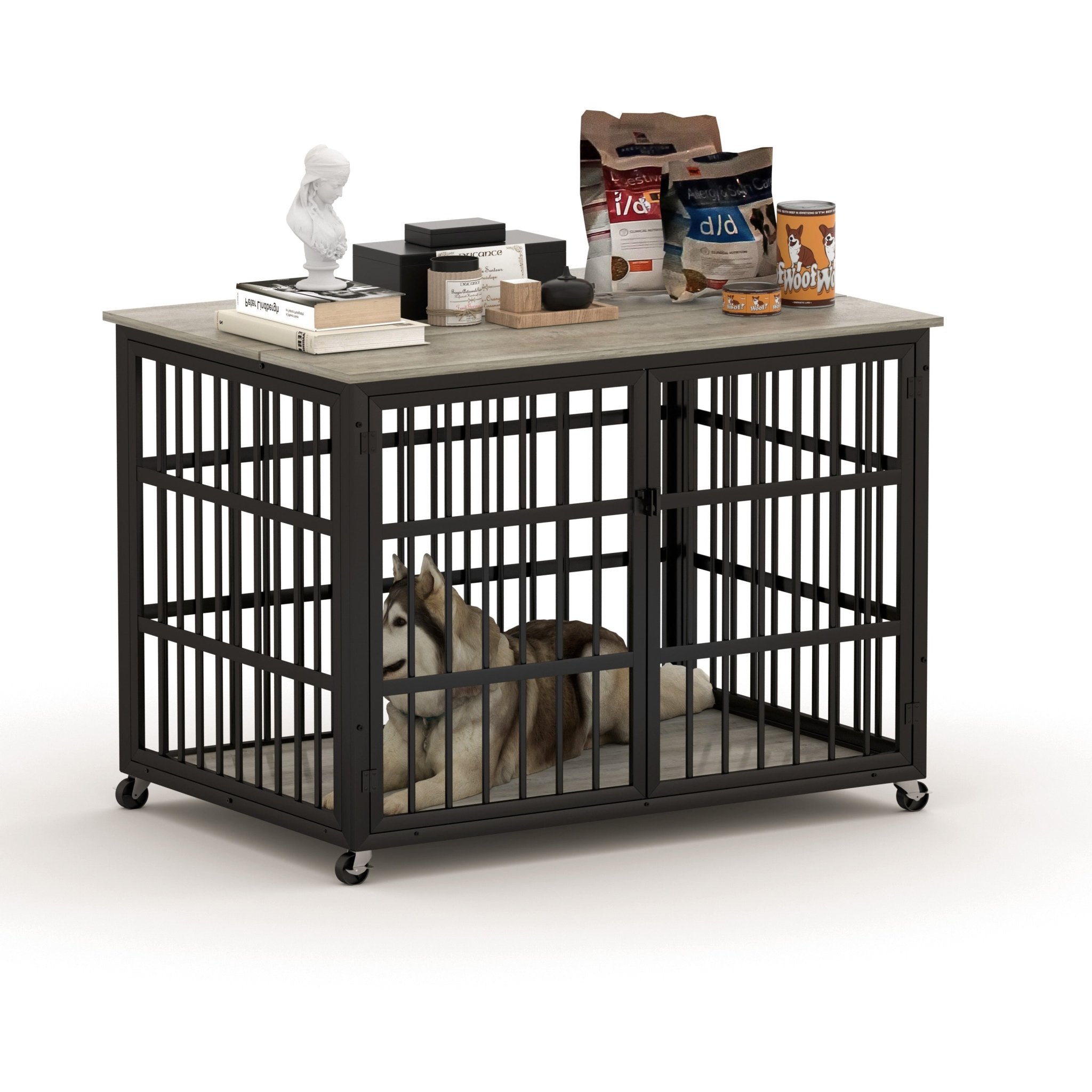 Grey furniture - style dog box with side openings - KiKiUMi