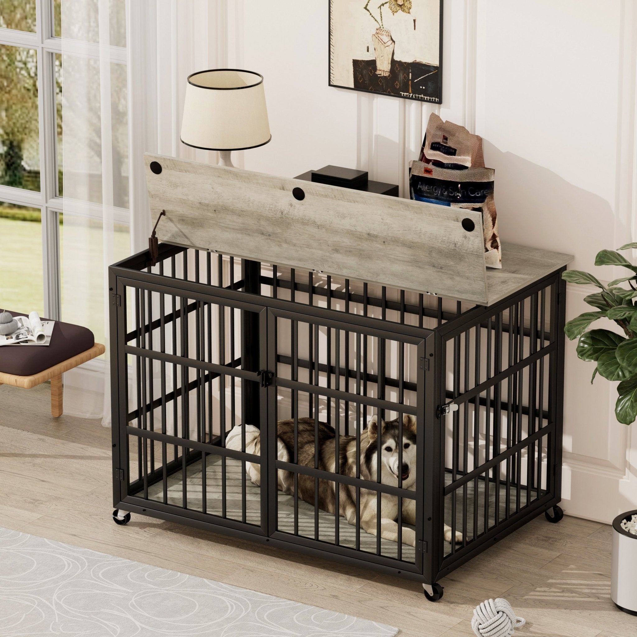 Grey furniture - style dog box with side openings - KiKiUMi