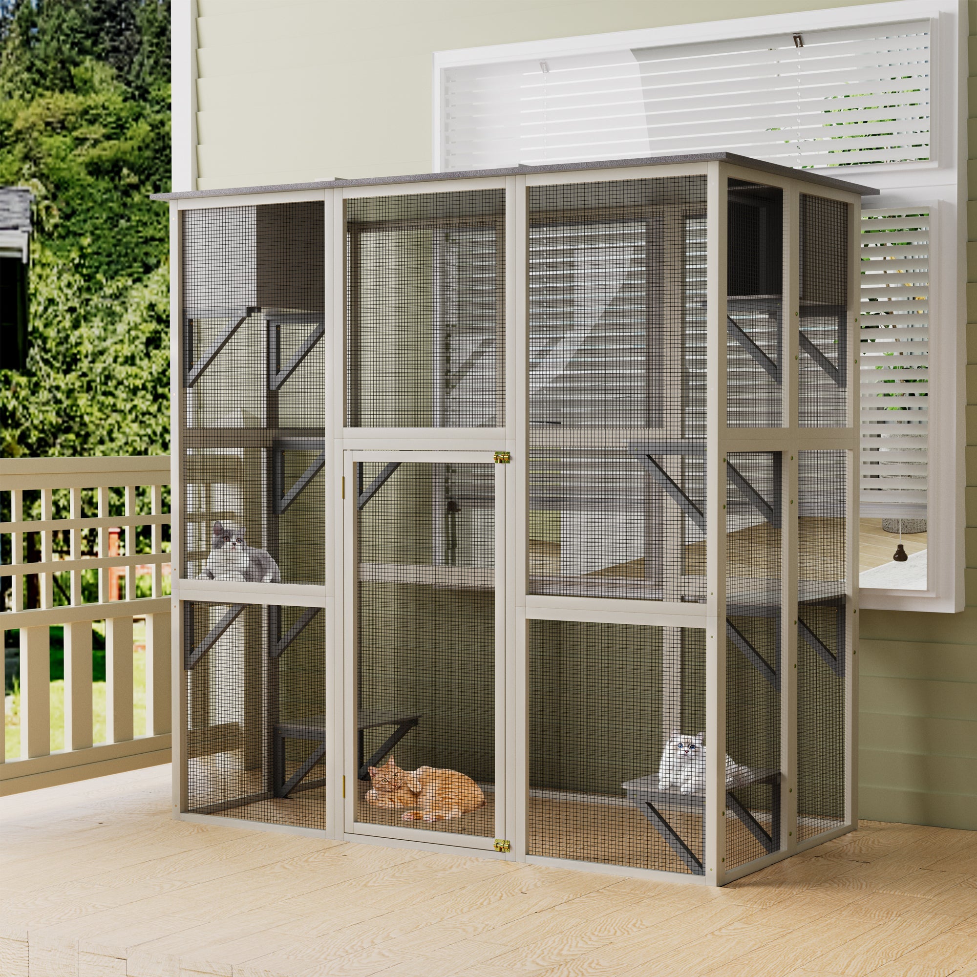 Grey solid wood cat cage and dog house apartment - KiKiUMi