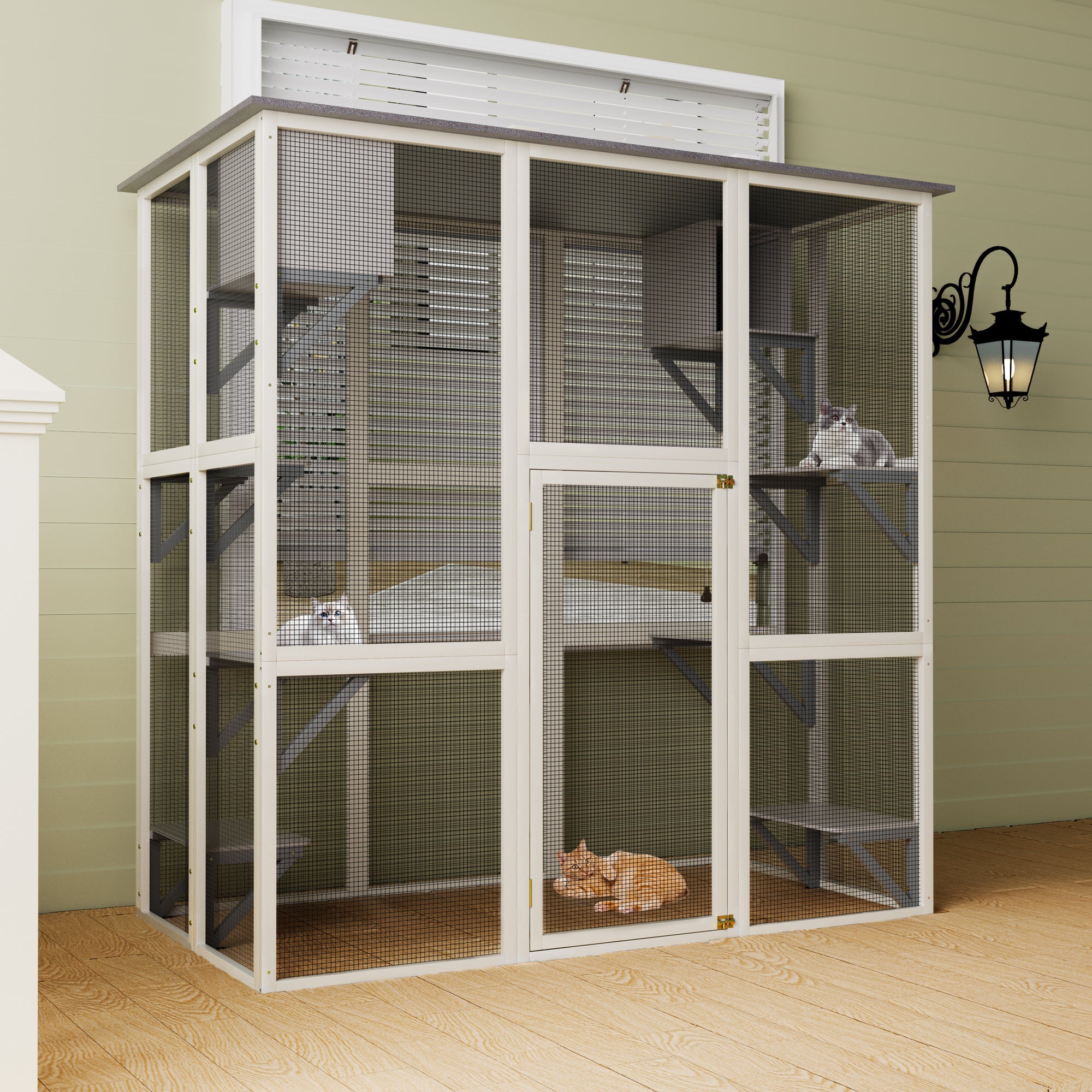 Grey solid wood cat cage and dog house apartment - KiKiUMi