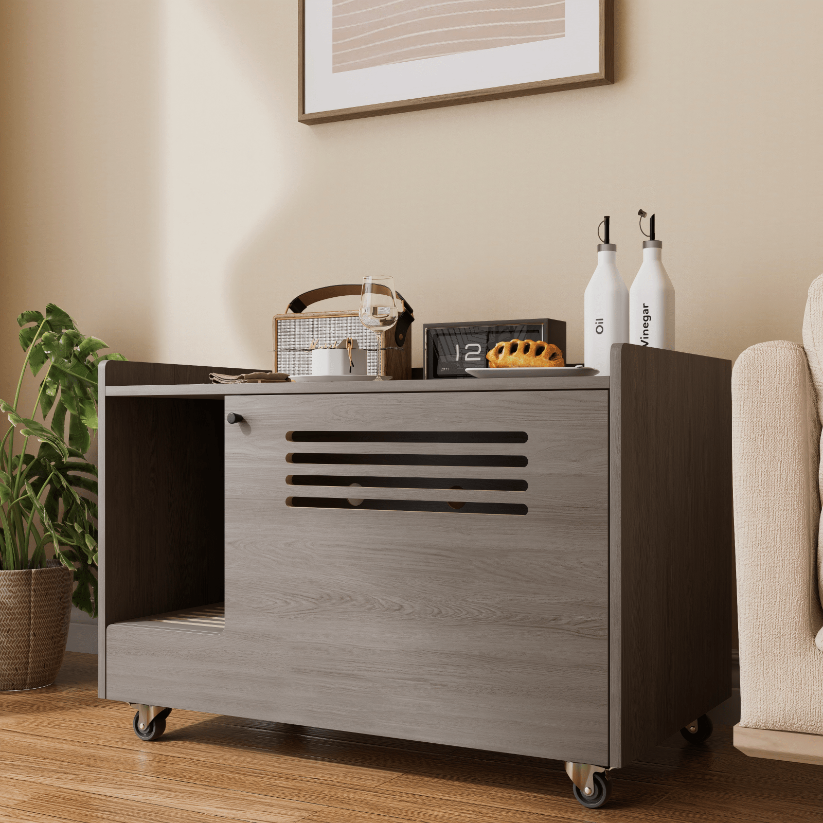 Grey wooden cat litter box - KiKiUMi