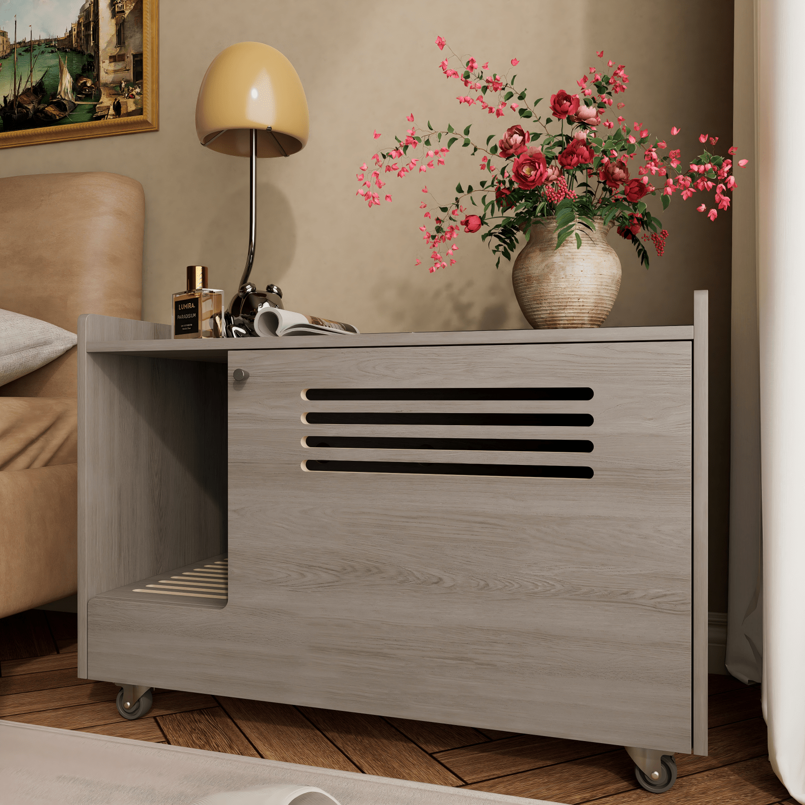 Grey wooden cat litter box - KiKiUMi