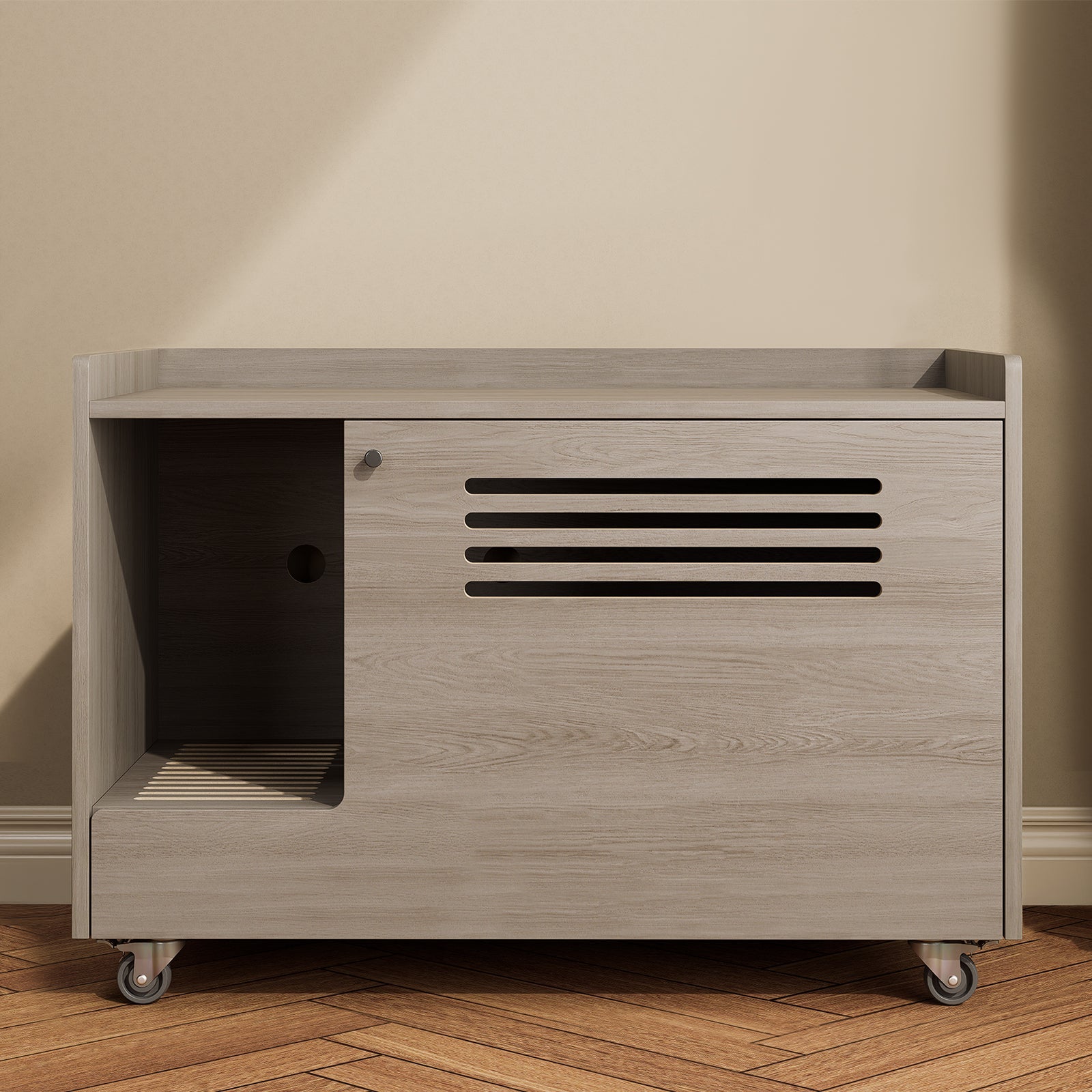 Grey wooden cat litter box - KiKiUMi