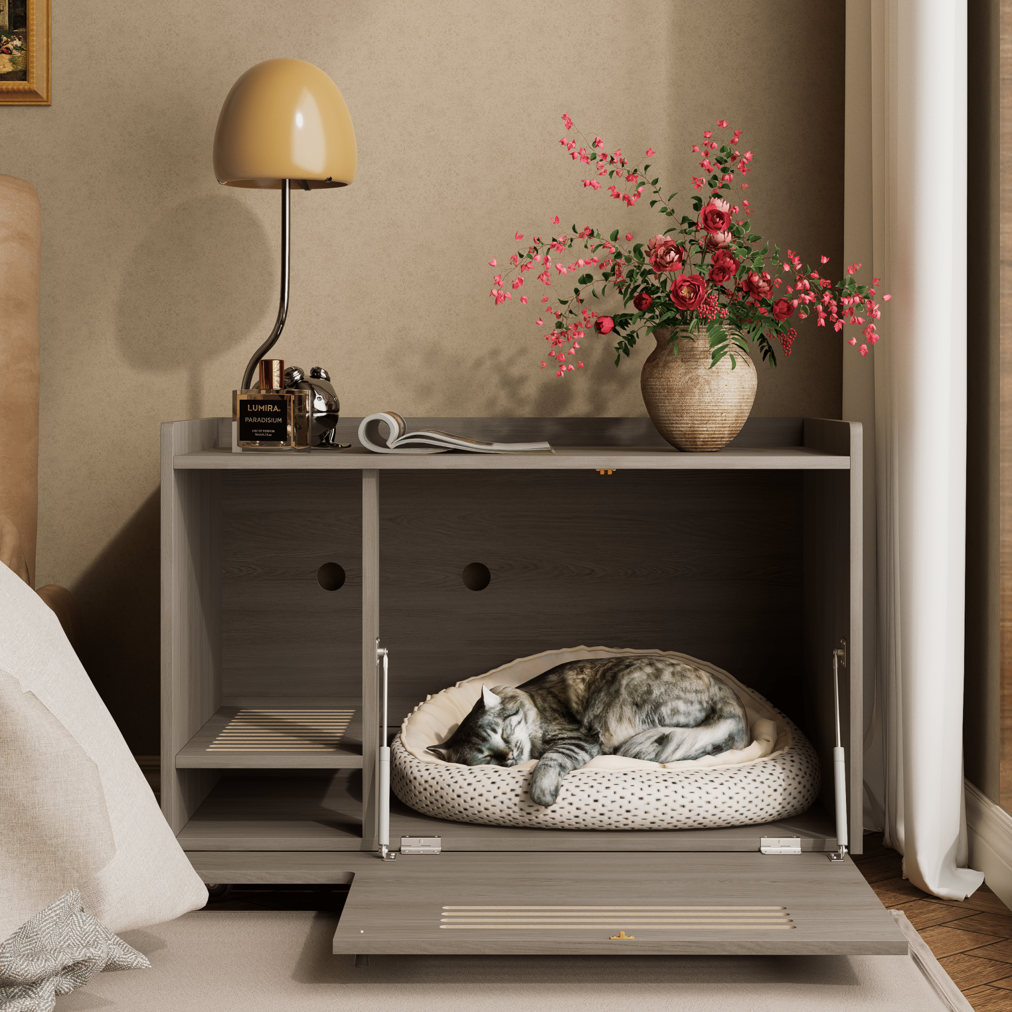 Grey wooden cat litter box - KiKiUMi