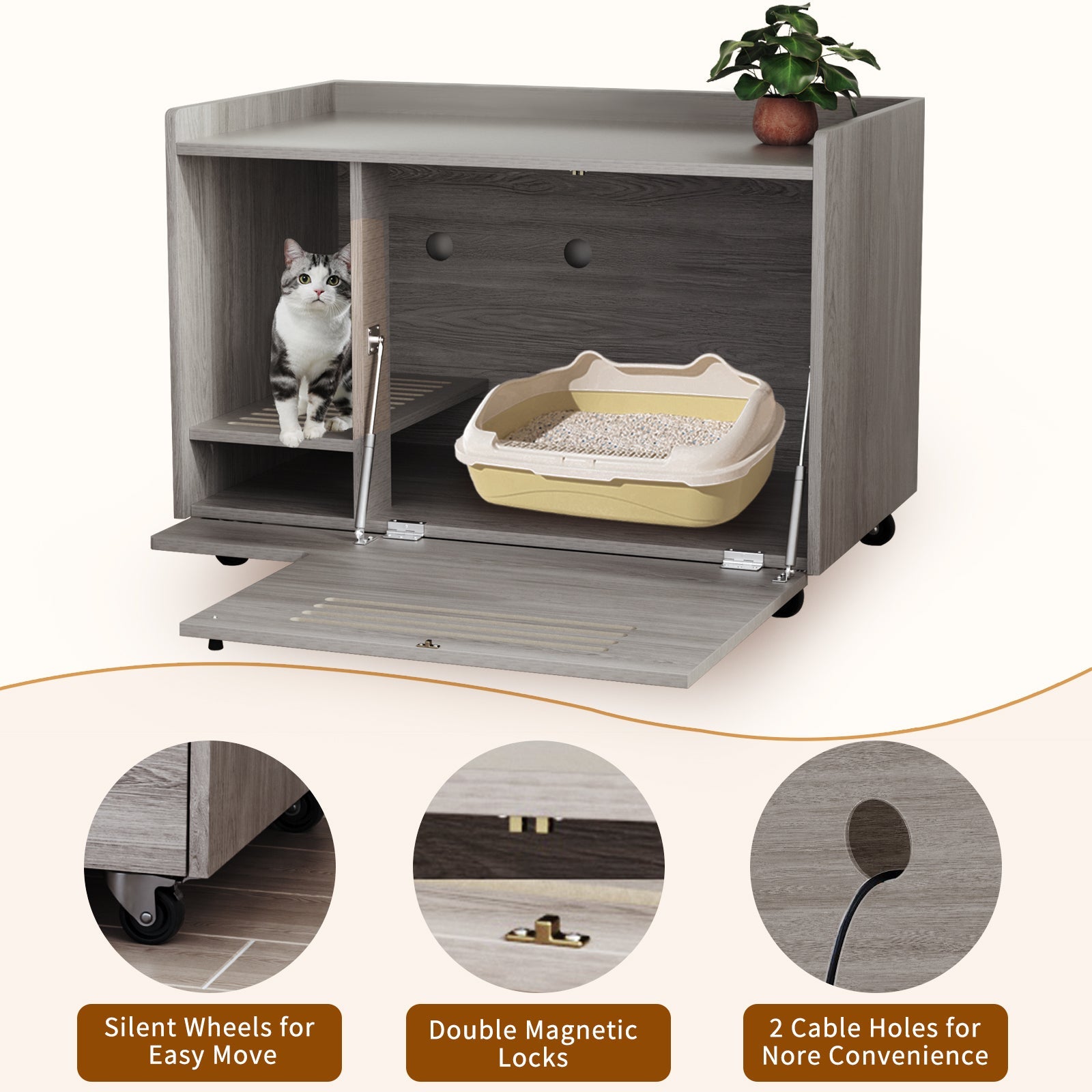 Grey wooden cat litter box - KiKiUMi