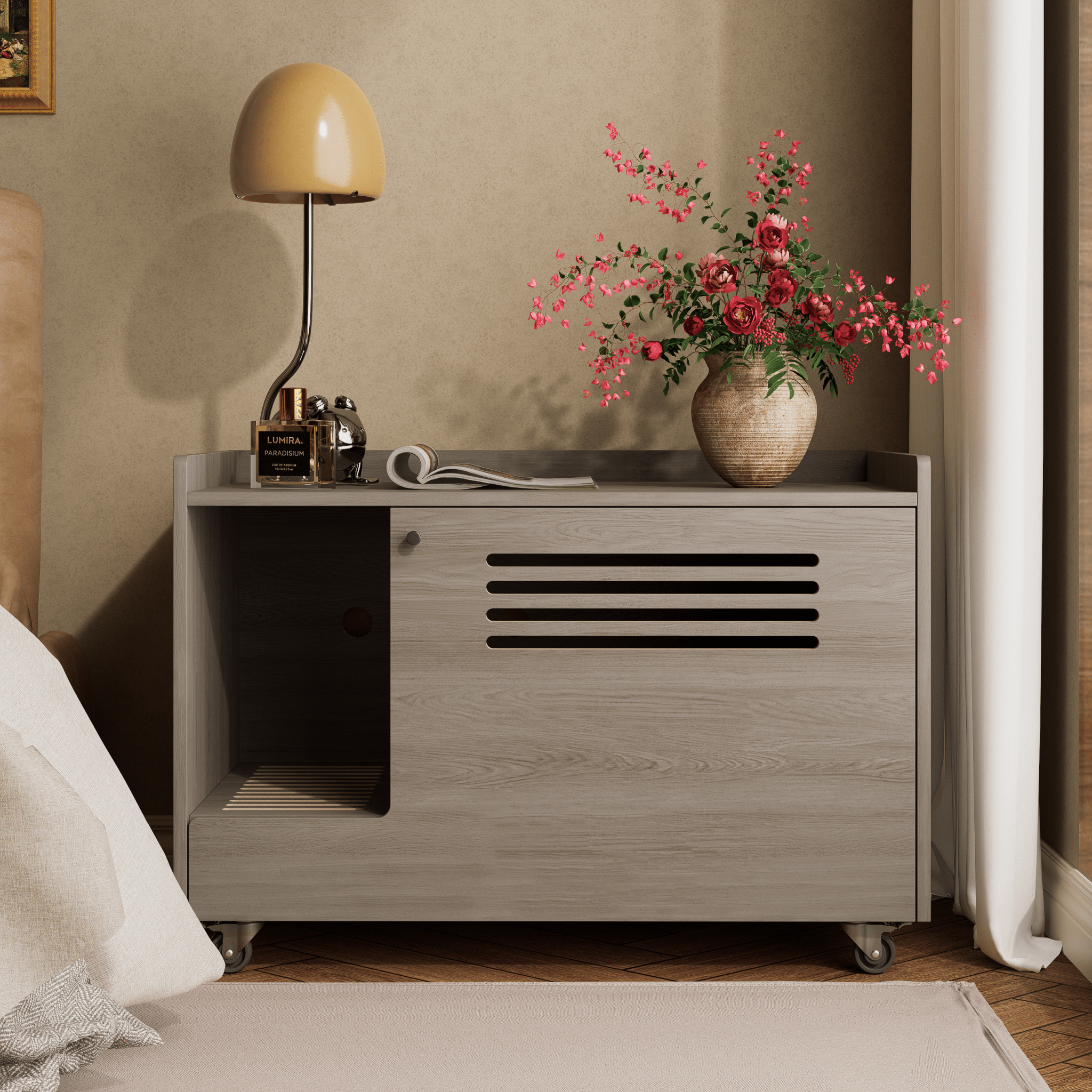 Grey wooden cat litter box - KiKiUMi