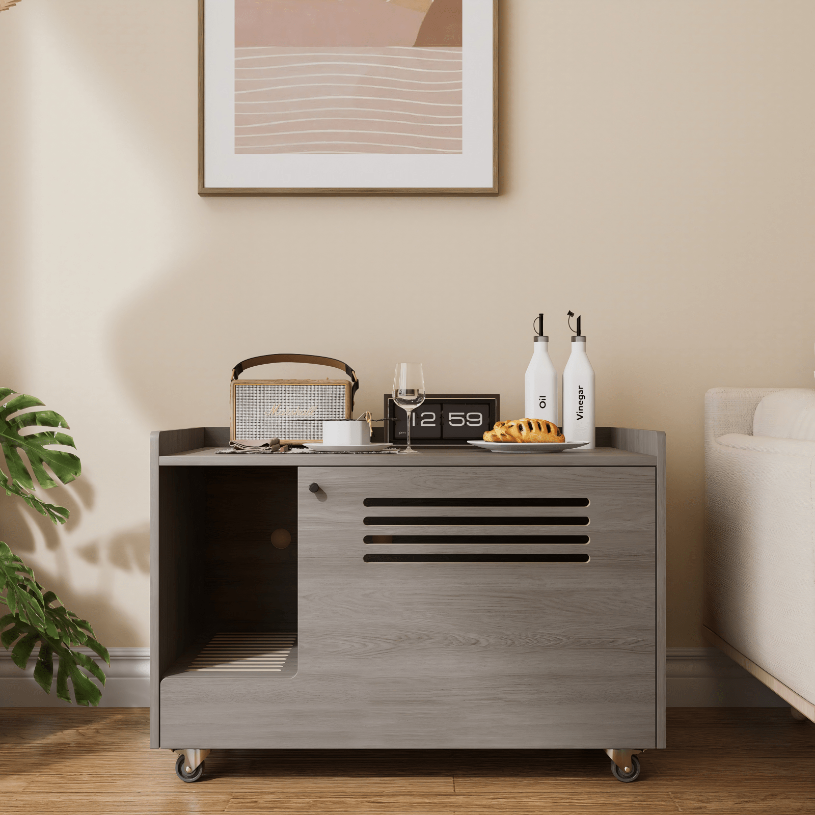 Grey wooden cat litter box - KiKiUMi