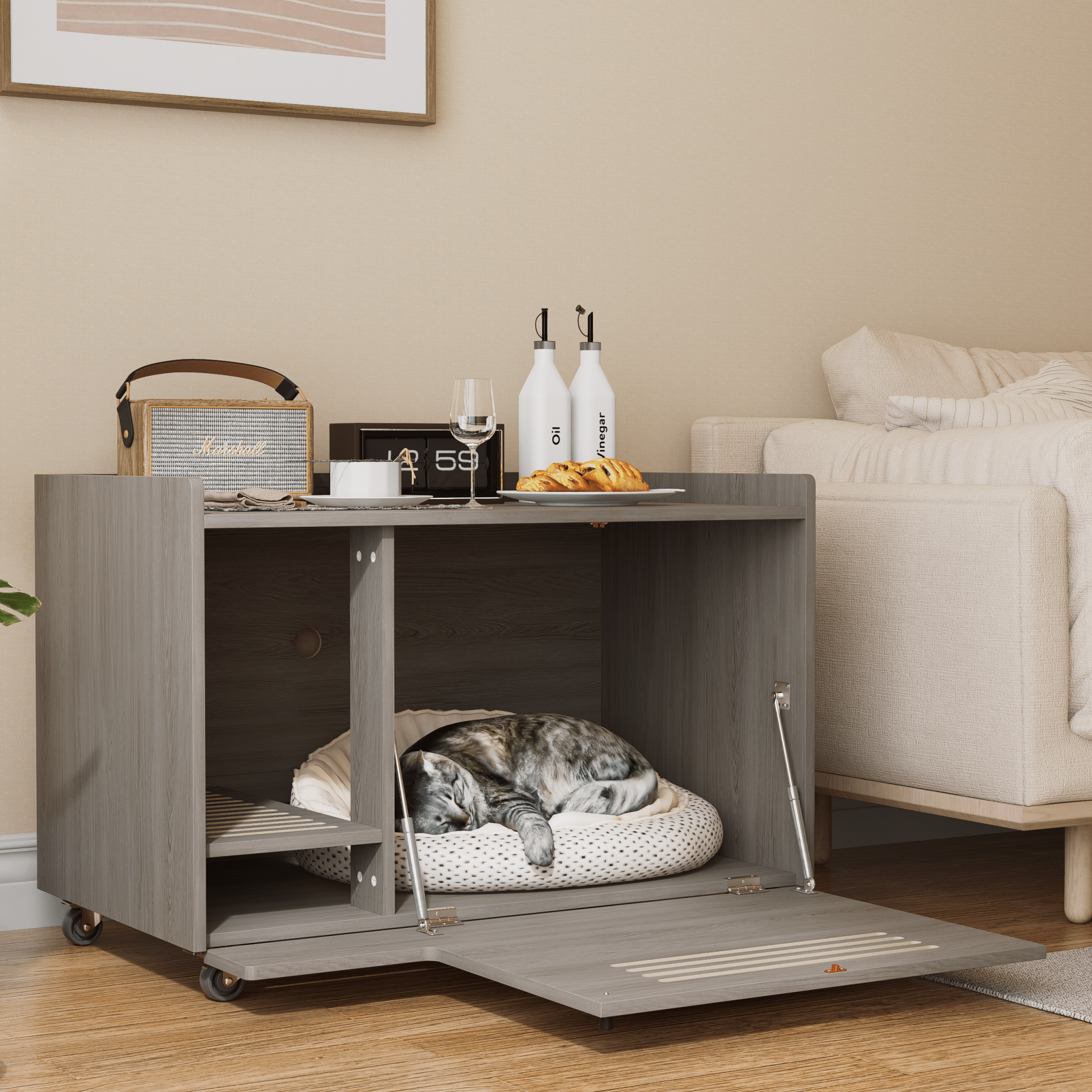 Grey wooden cat litter box - KiKiUMi