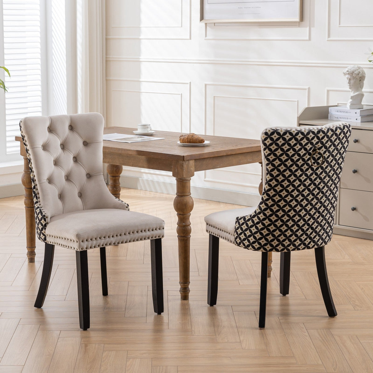 High-end tufted solid wood modern velvet padded dining chair(beige) - KiKiUMi
