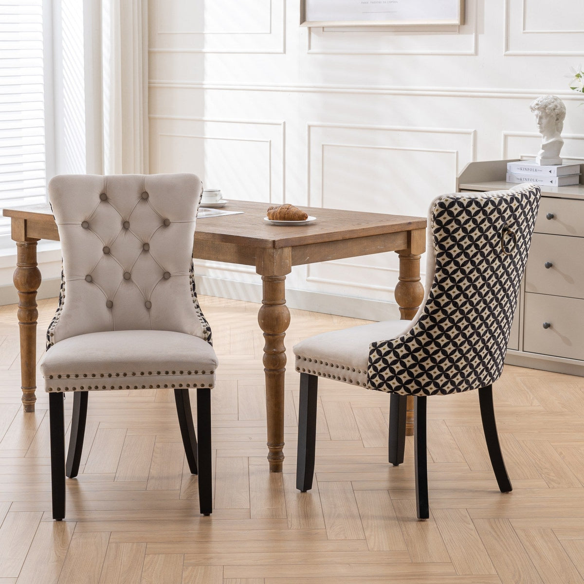 High-end tufted solid wood modern velvet padded dining chair(beige) - KiKiUMi