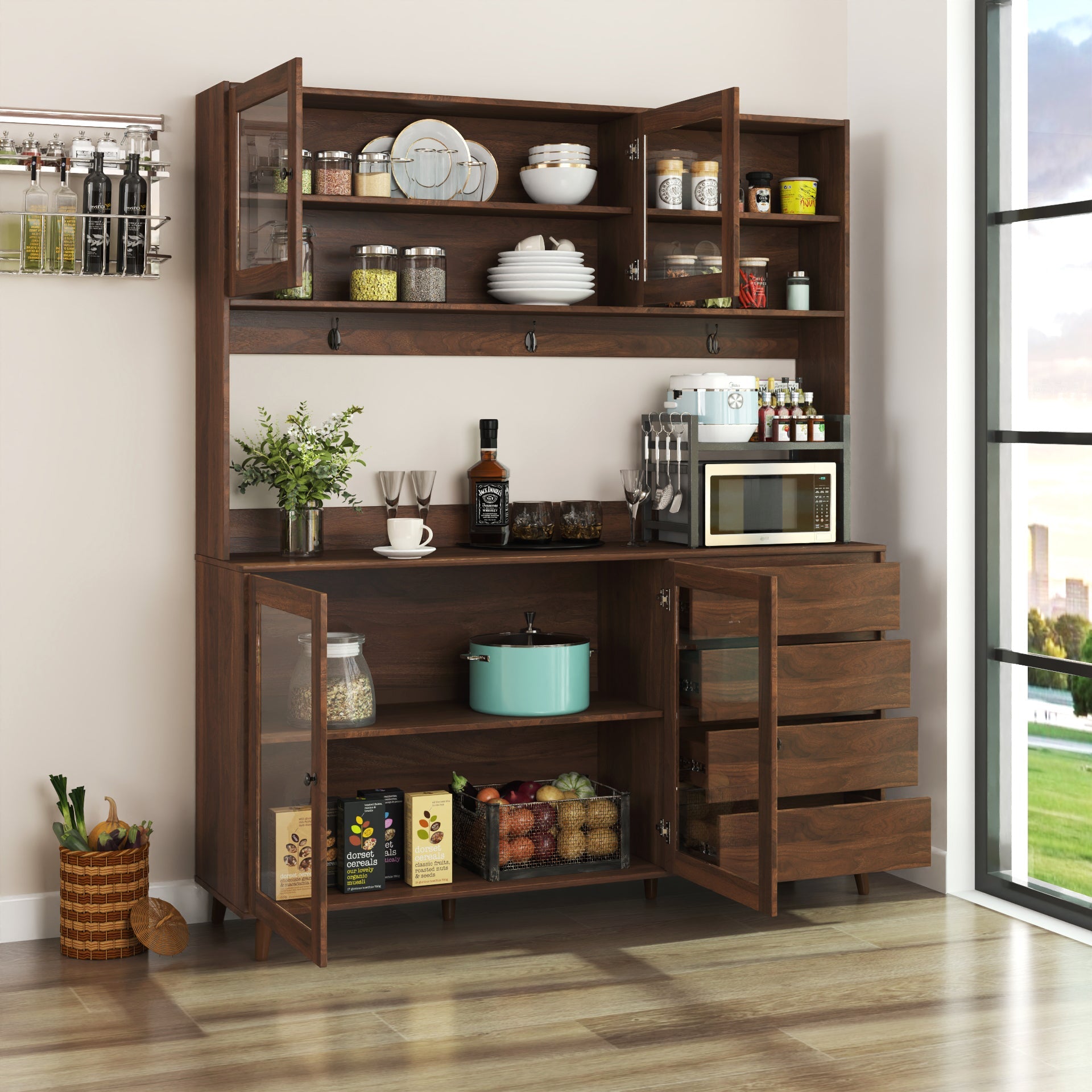 Independent food cabinet, 4 doors, 4 drawers and microwave cabinet（walnut） - KiKiUMi