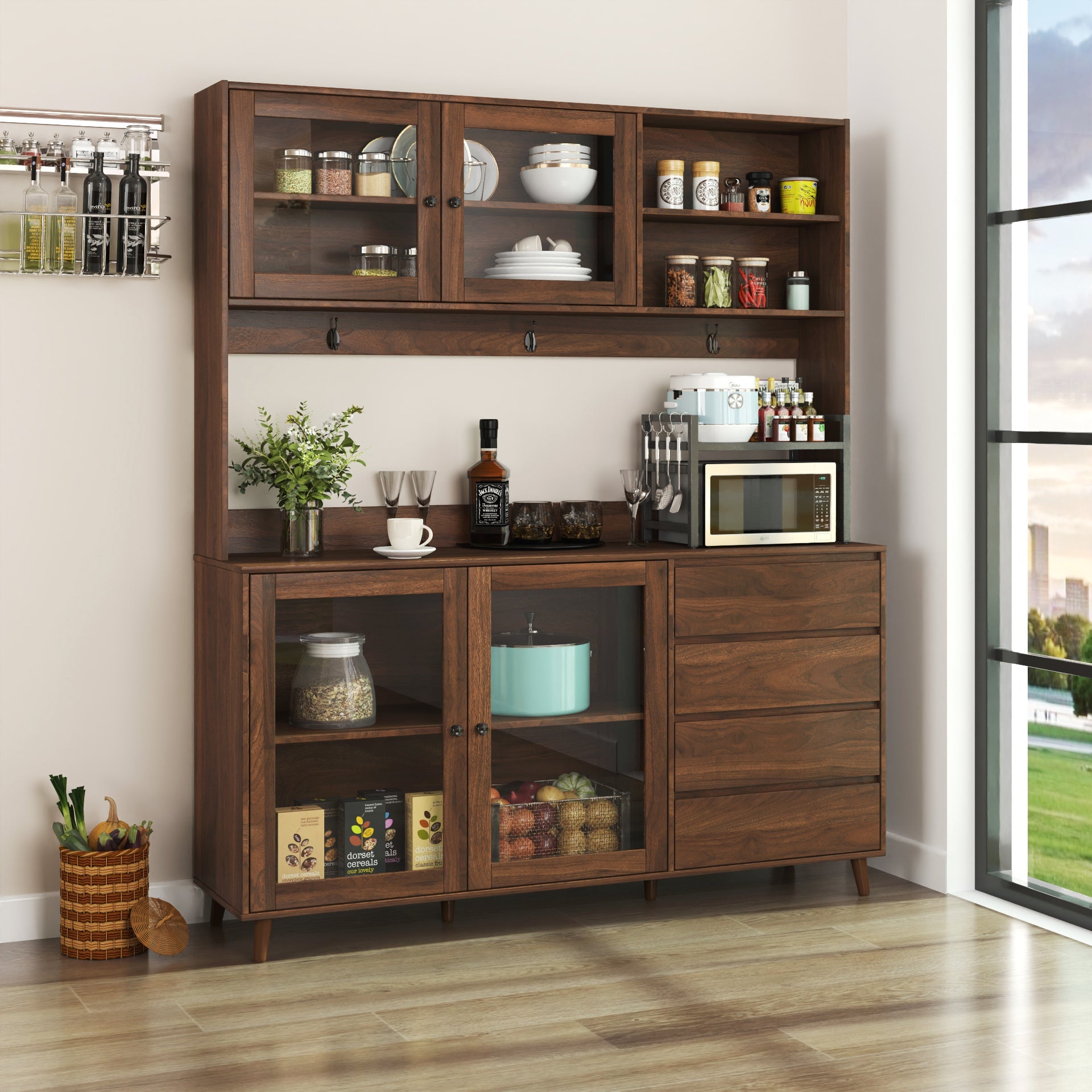 Independent food cabinet, 4 doors, 4 drawers and microwave cabinet（walnut） - KiKiUMi