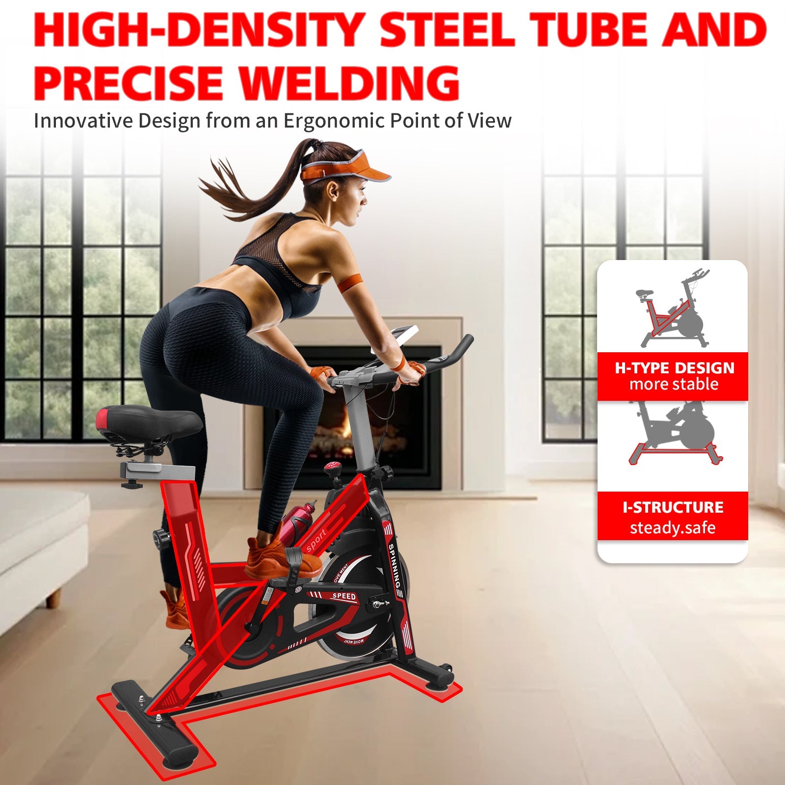 Indoor Exercise Bike Cycling Bike with Comfortable Seat Cushion Black+Red - KiKiUMi