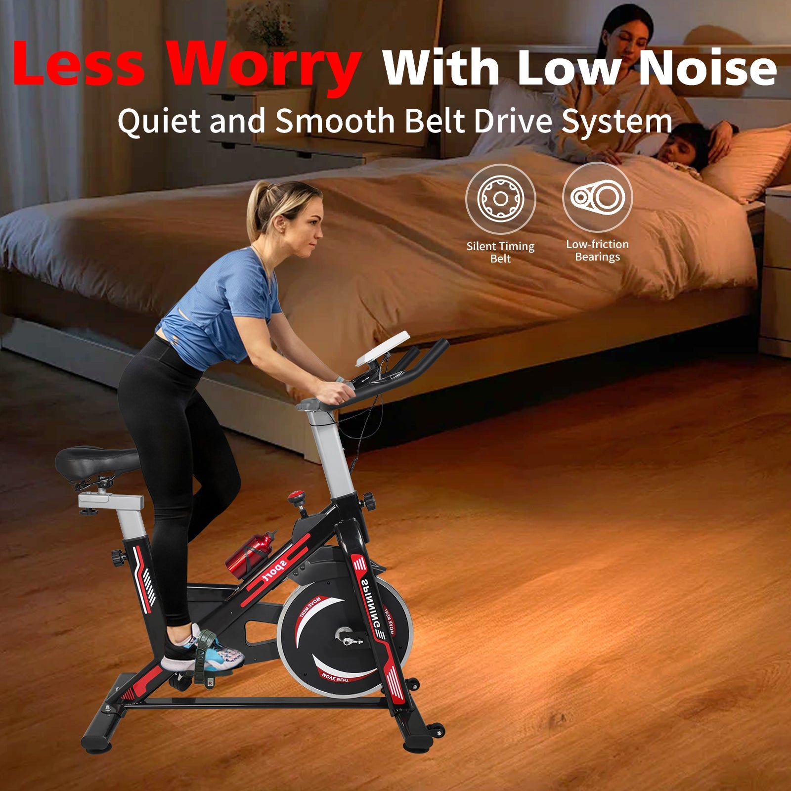 Indoor Exercise Bike Cycling Bike with Comfortable Seat Cushion Black+Red - KiKiUMi