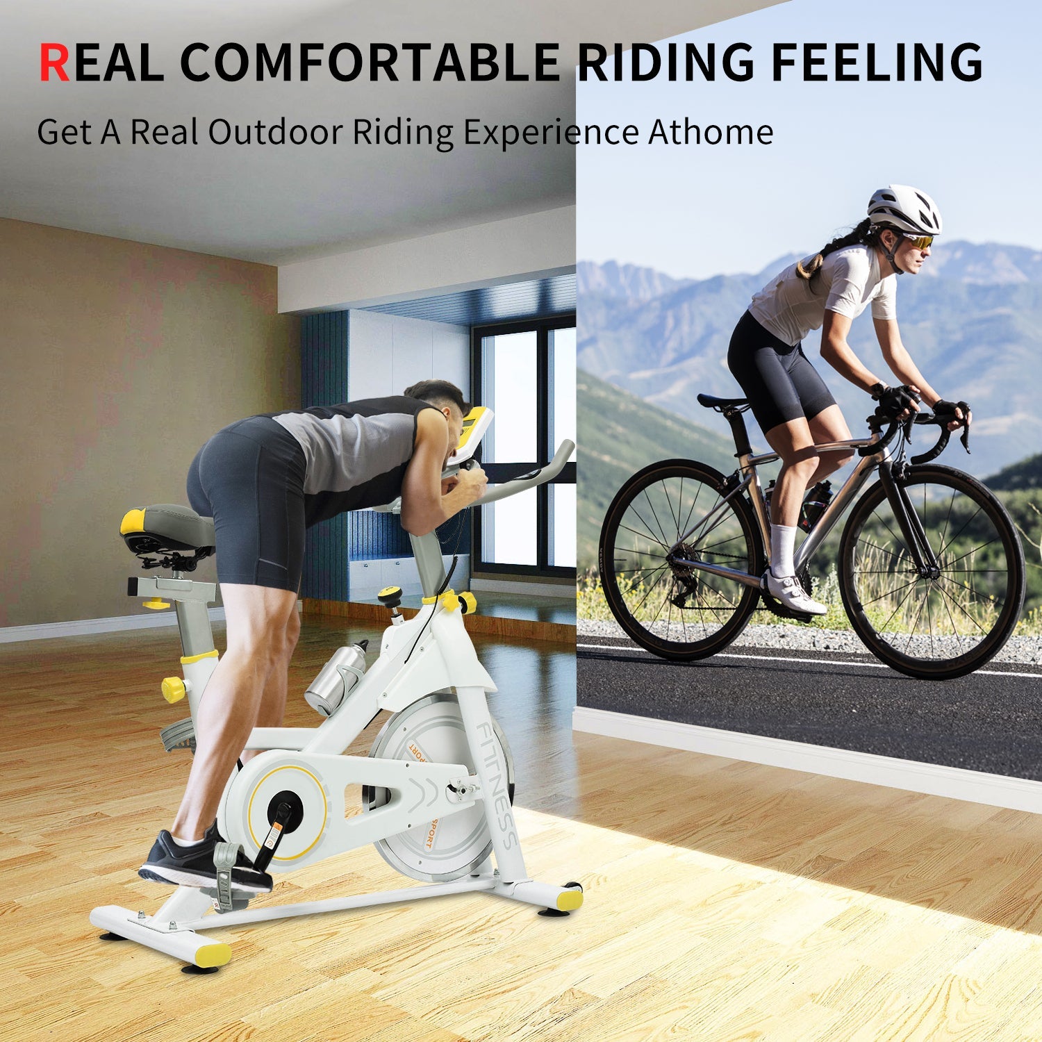 Indoor Exercise Bike Cycling Bike with Comfortable Seat Cushion Yellow+White - KiKiUMi
