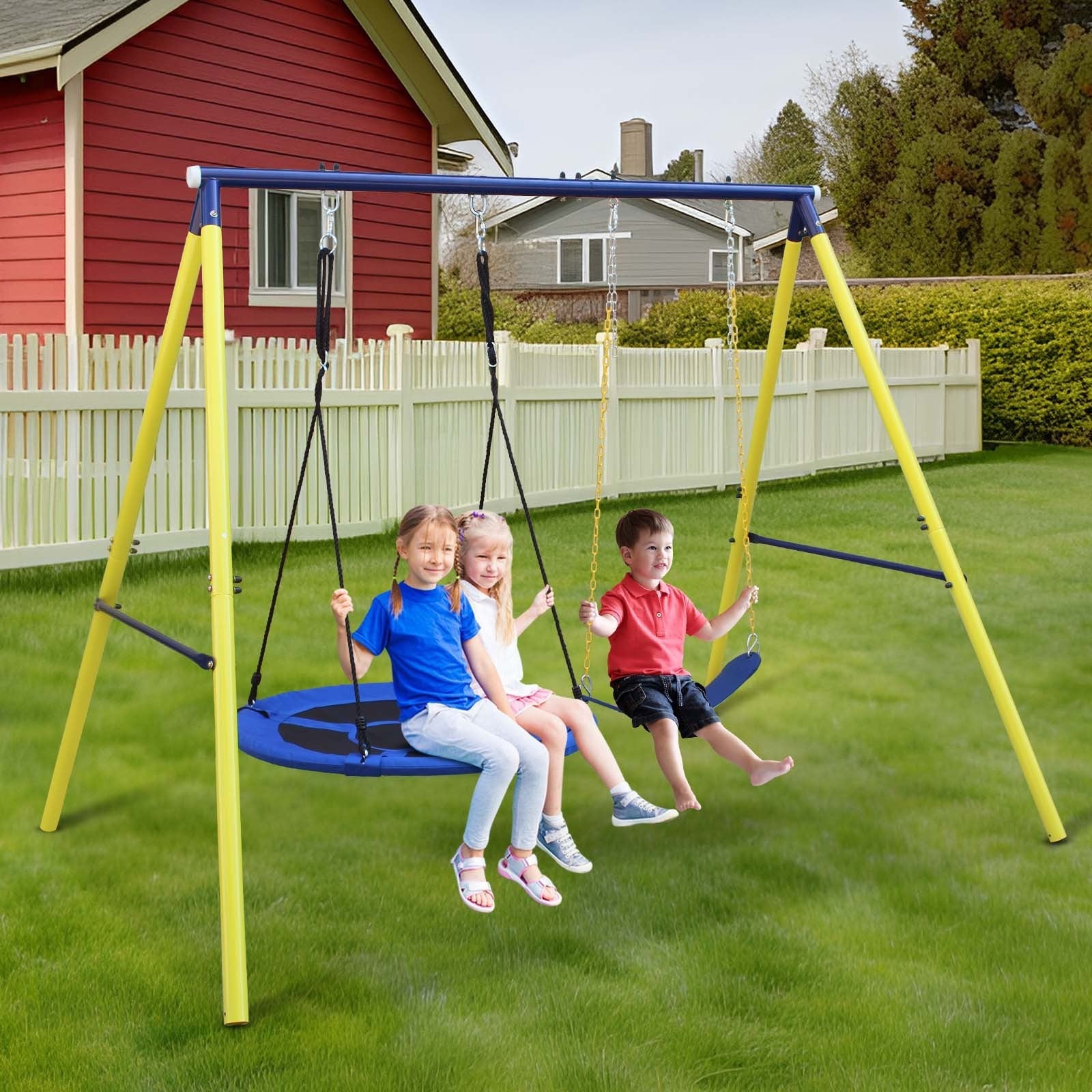 Indoor/Outdoor Metal Swing Set with Safety Belt for Backyard - KiKiUMi