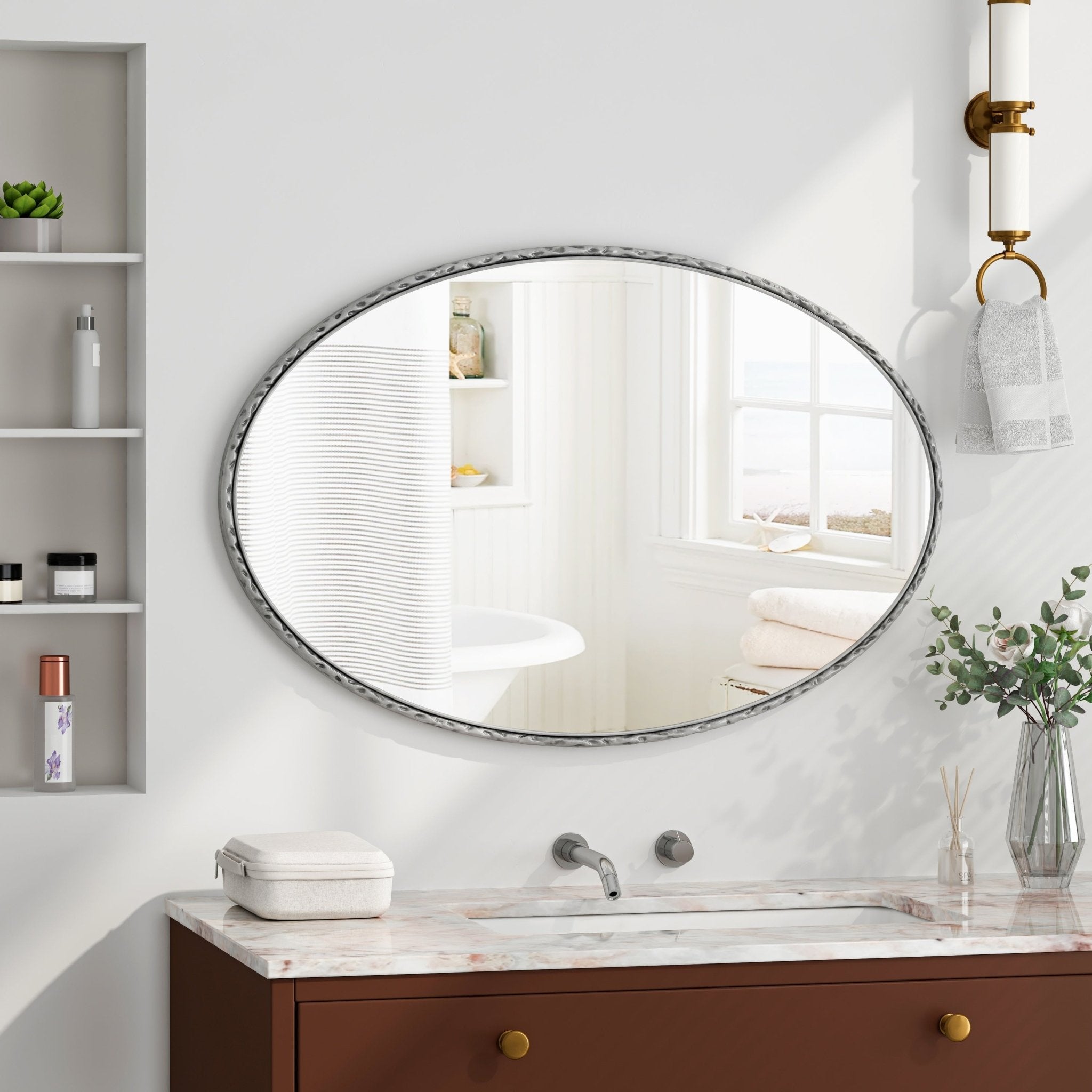 Ironwork oval - shaped retro mirror with a glass and medium - density fiberboard frame - KiKiUMi