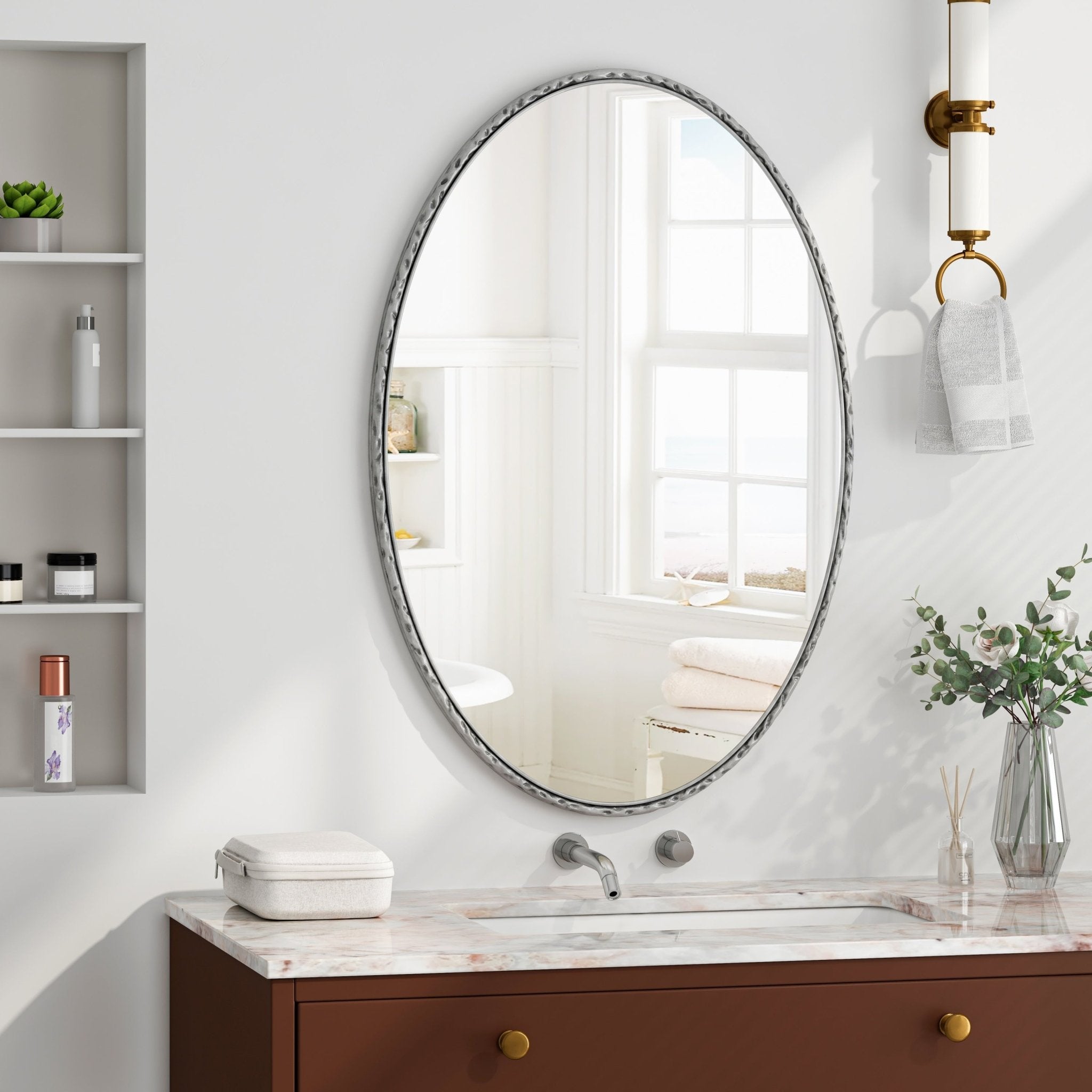 Ironwork oval - shaped retro mirror with a glass and medium - density fiberboard frame - KiKiUMi