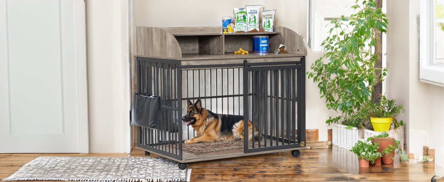Large grey dog crate furniture - KiKiUMi