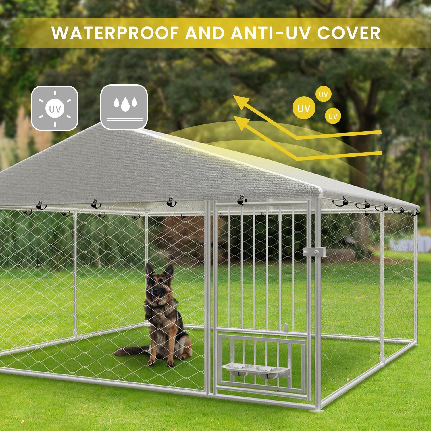 Large outdoor fenced kennel with a rotating feeder - KiKiUMi