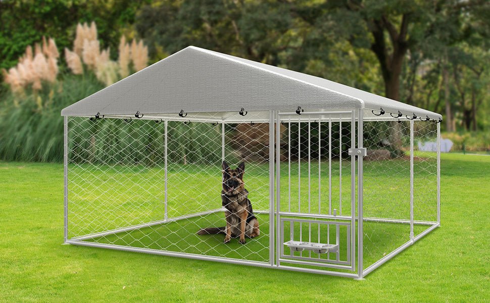 Large outdoor fenced kennel with a rotating feeder - KiKiUMi