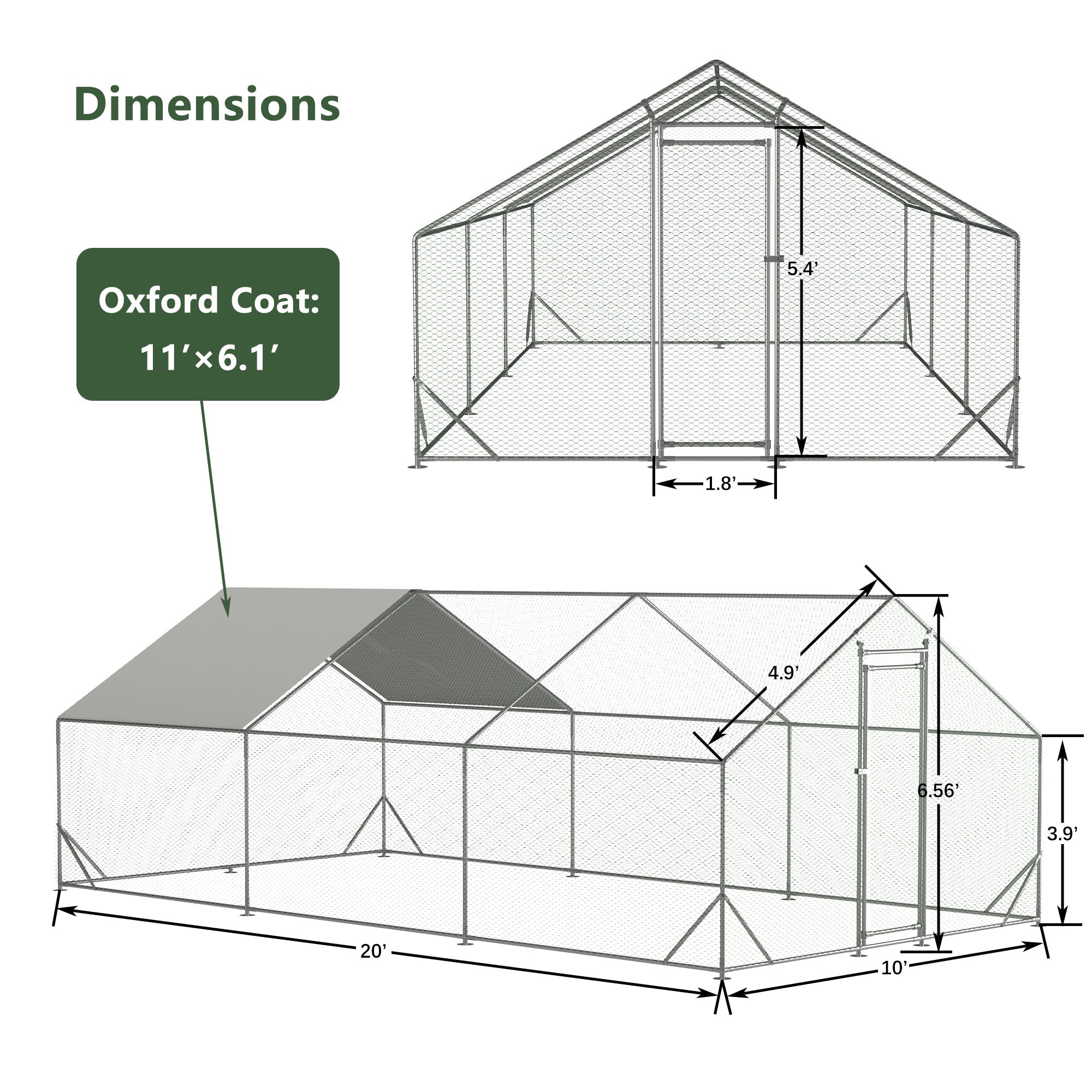 Lighter large walk - in metal chicken, rabbit and duck cages (10 'L x 26 W x 6.56 H) - KiKiUMi