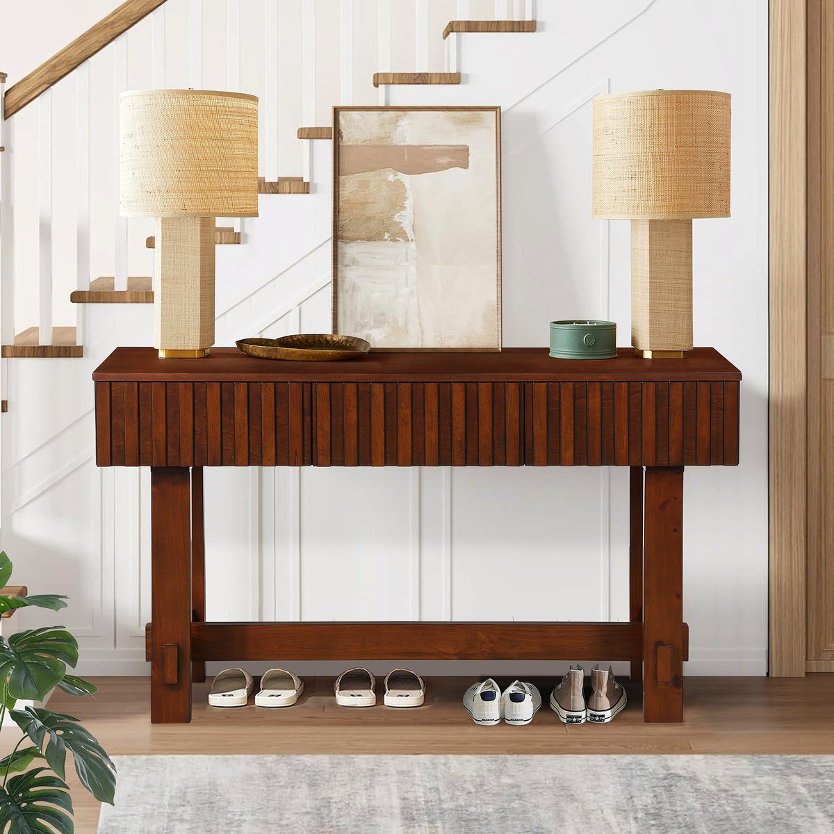 Medieval farmhouse slot console sofa table and storage drawers(cherry) - KiKiUMi