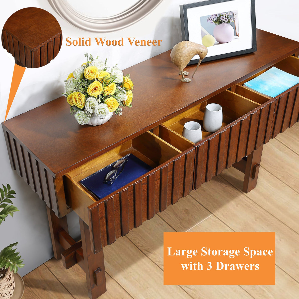 Medieval farmhouse slot console sofa table and storage drawers(cherry) - KiKiUMi