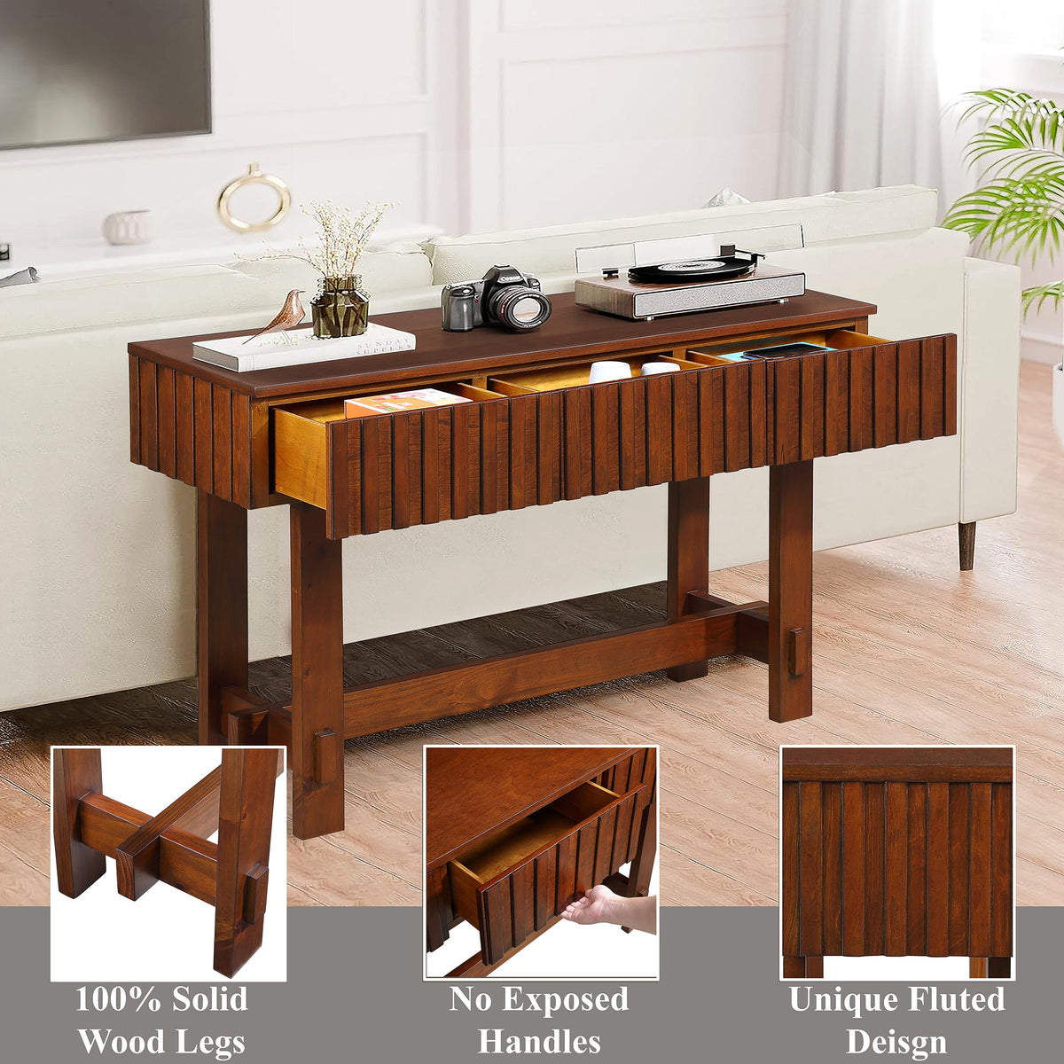Medieval farmhouse slot console sofa table and storage drawers(cherry) - KiKiUMi