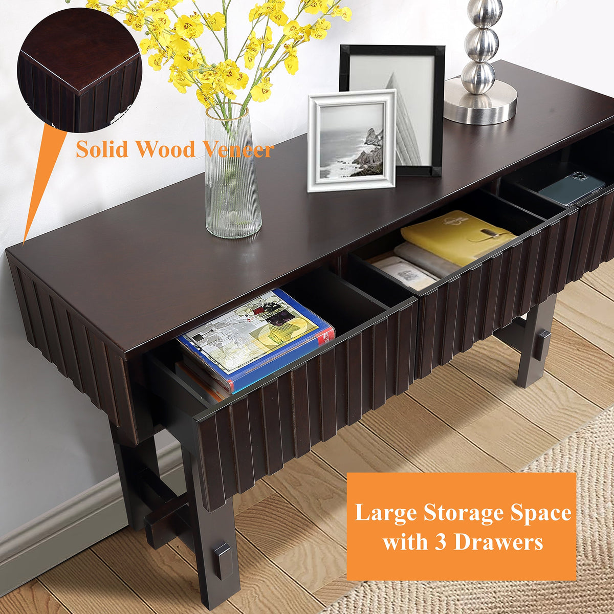 Medieval farmhouse slot console sofa table and storage drawers(espresso) - KiKiUMi