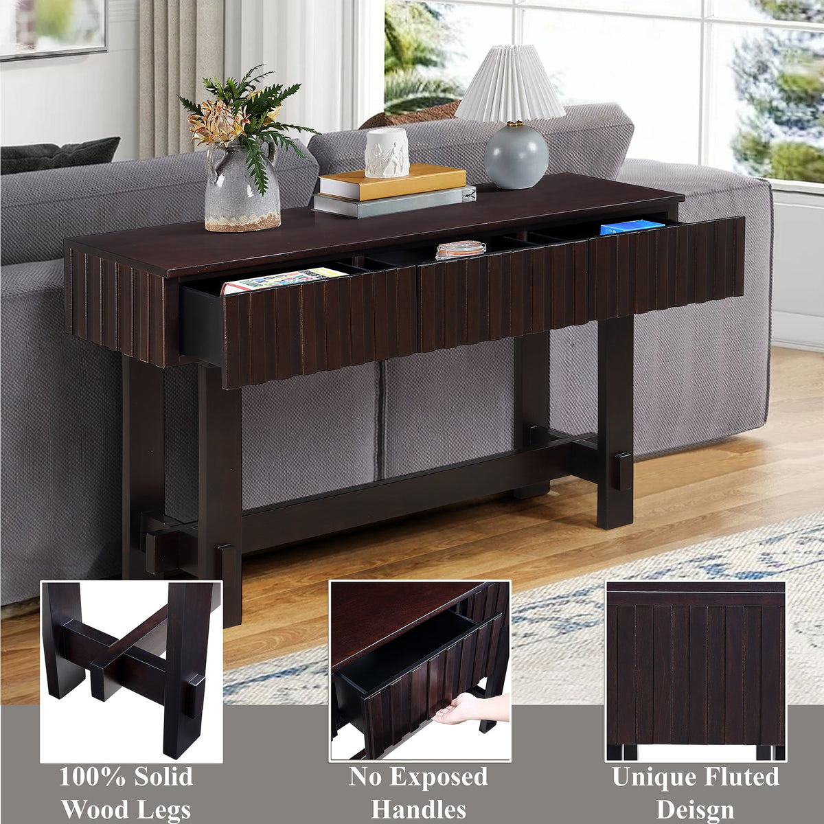 Medieval farmhouse slot console sofa table and storage drawers(espresso) - KiKiUMi