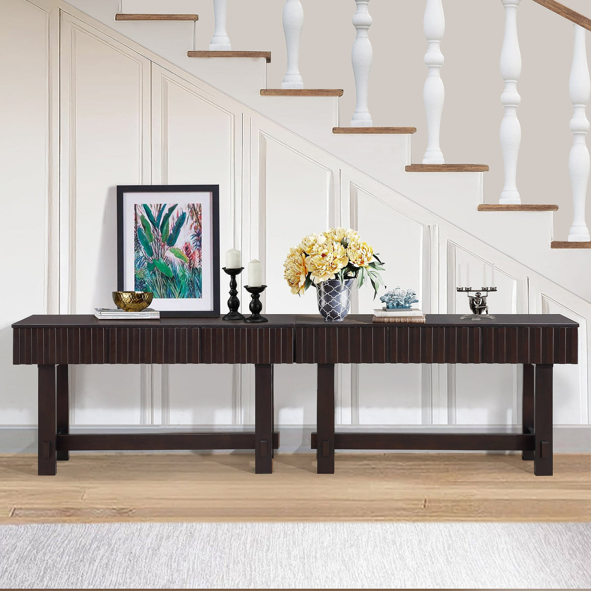 Medieval farmhouse slot console sofa table and storage drawers(espresso) - KiKiUMi